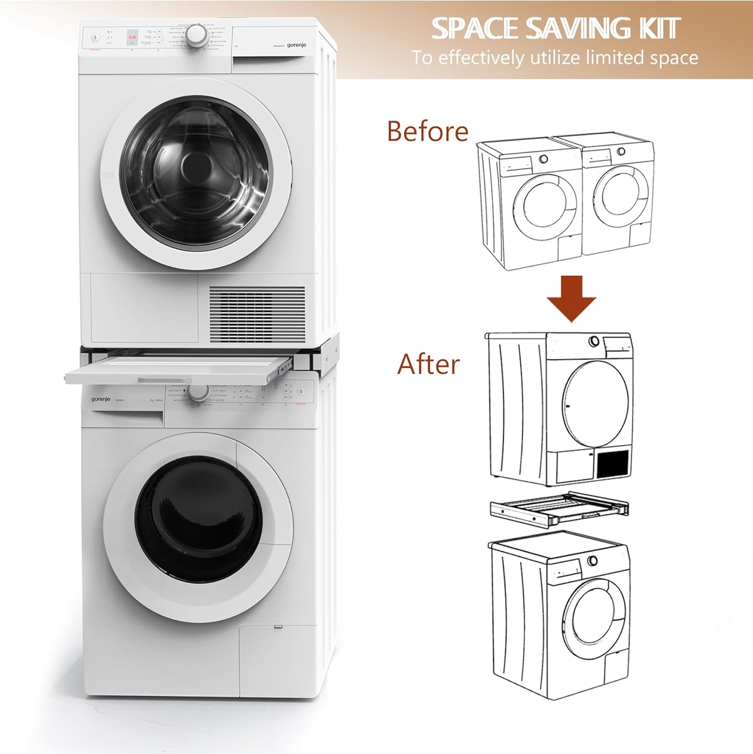Stacking Kit for Washer and Dryer, 60x55cm, Washing Machine Stacking Kits with Pull-Out Plate, Metal Connecting Frame for Washing Machine Dryer with Drying Rack (Including Ratchet Ropes)