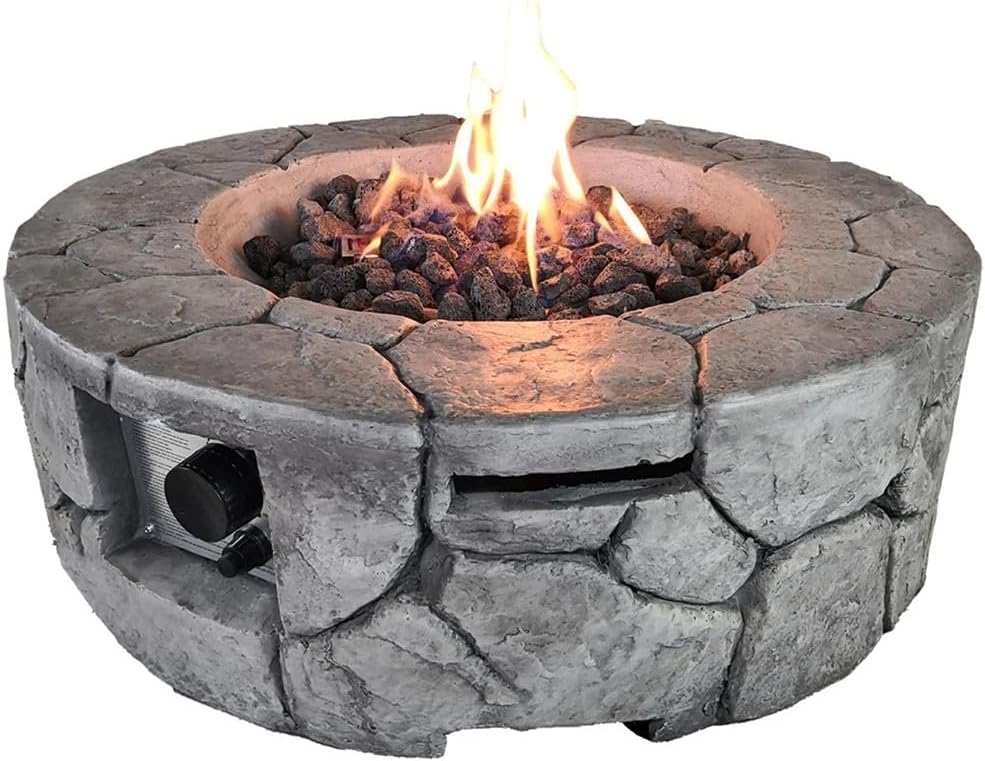 Concrete Fire Pit Table Round Stone-Look Propane Outdoor Heater for Patio Smokeless Firepits for Outside with Lava Rocks Push-Button Ignition Backyard Deck Garden