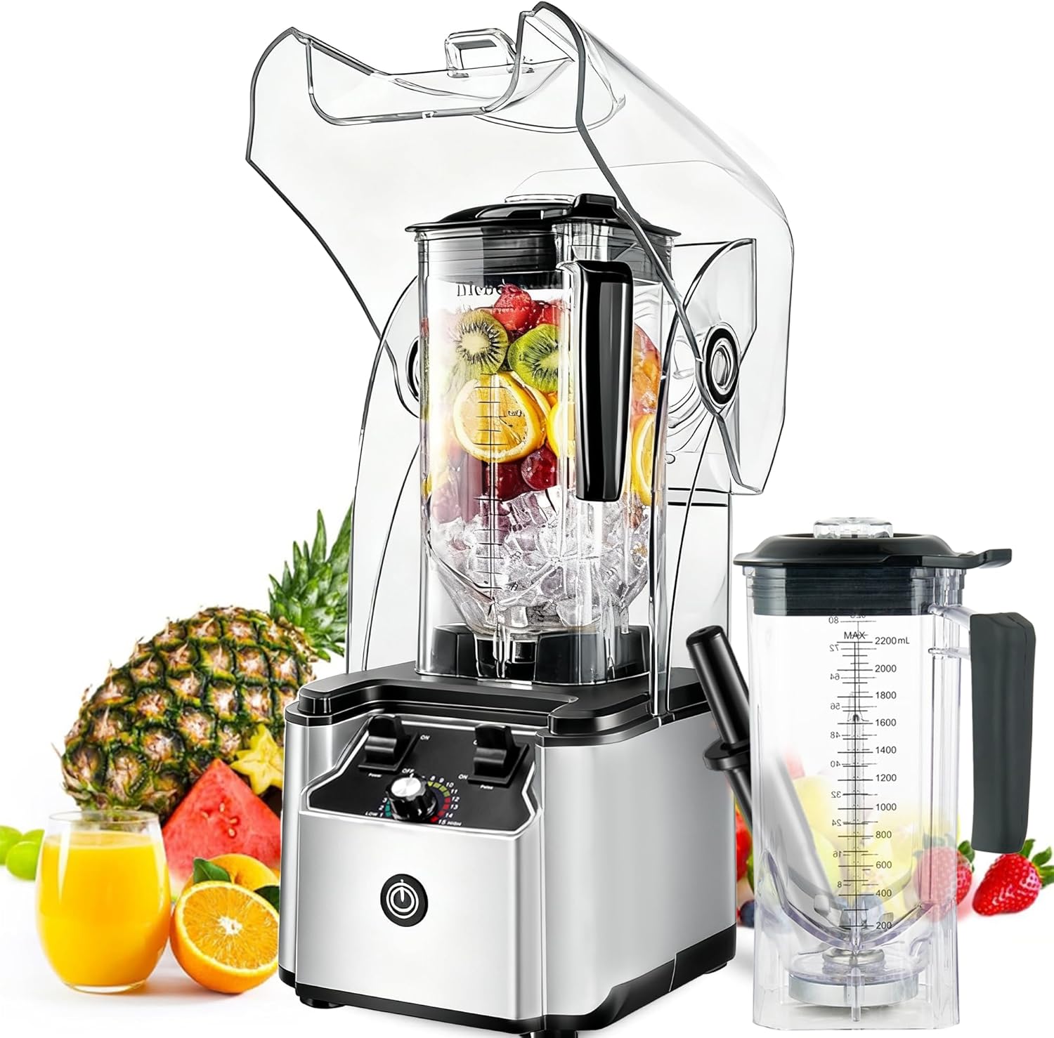 Commercial Blender for Smoothies 2200W With Soundproof Cover, 2200 ML, 15 Speeds, 6-leaves Stainless Steel Blade, Heavy Duty Blender for Restaurant, Smoothie, Ice Crush, Shakes, 9.5