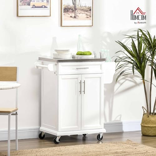 HOMCOM Kitchen Island on Wheels, Rolling Kitchen Cart with Stainless Steel Countertop, Drawer, Towel Rack and Spice Rack, Utility Storage Trolley, White