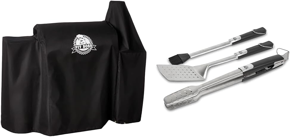 Pit Boss Grills 73821 Pit Boss Deluxe and 820 Pro Series Pellet Grill Cover, PB820D, Black & Grills Soft Touch 3 Piece Tool Set, Stainless