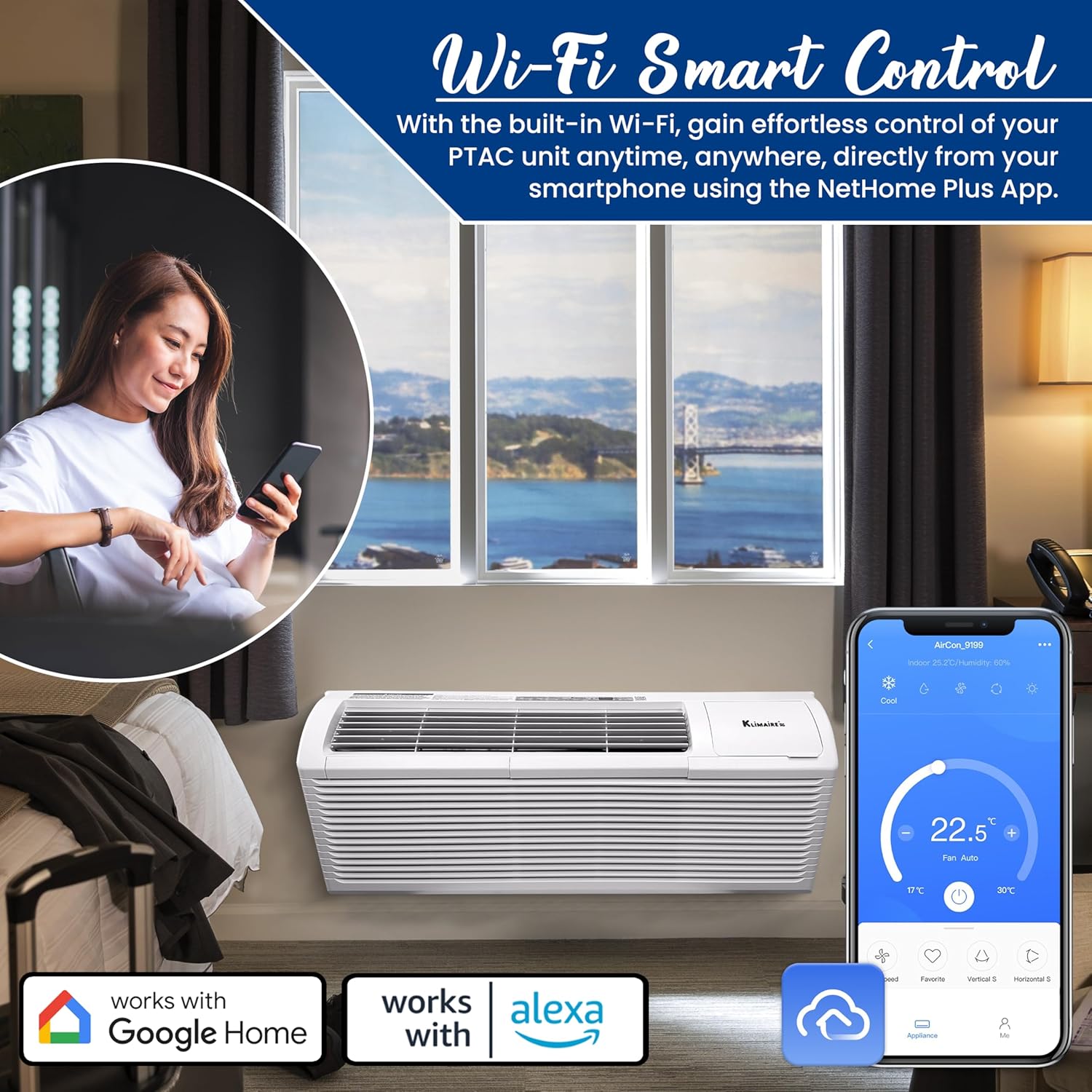 Klimaire 15,000 BTU PTAC Heat Pump A/C R-32 Wi-Fi Enabled with 3.5kW Electric Heater, Remote, Sleeve, Grille, Drain Kit - 230V