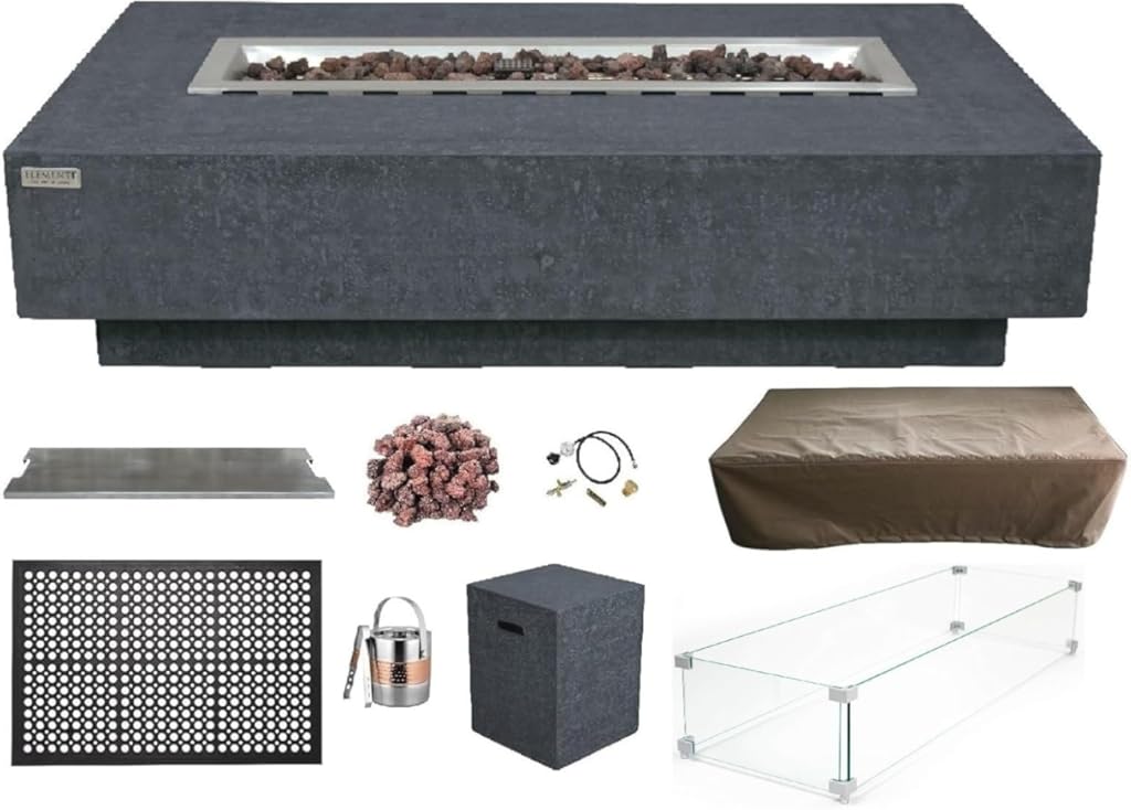 Elementi Hampton Gas Fire Pit Bundle Concrete Fire Table, Outdoor Fire Pit Electronic Ignition | Canvas Cover, Lava Rock Included | Free AMS Wind Guardt | Dark Gray (Propane Gas)