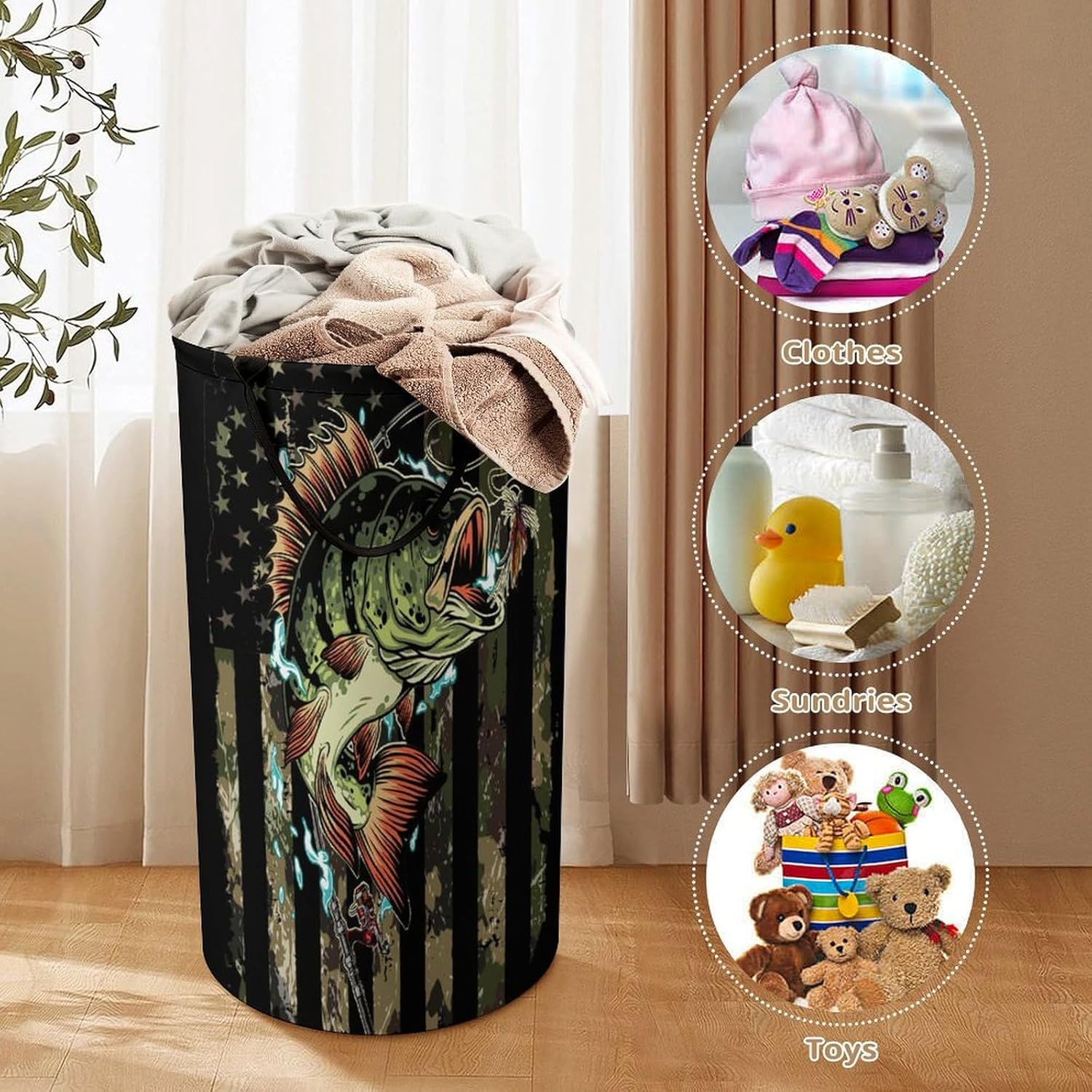 Watercolor American Flag Camo Fishing Laundry Hamper Dirty Clothes,Rustic Camouflage Hunting Theme Fishing Large Laundry Basket Storage Basket For Bathroom 15.7W