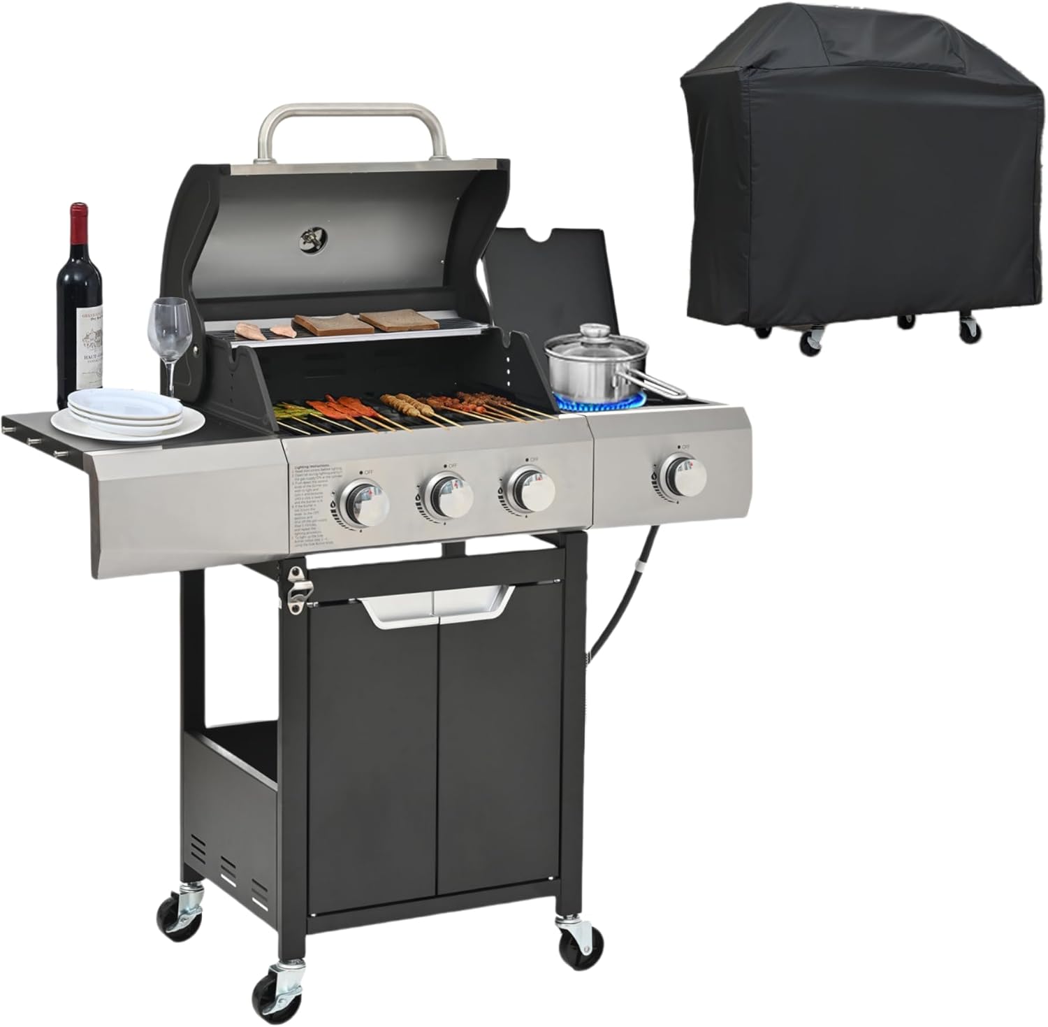 3 Burner Propane Gas Grill with Side Burner & Grill Cover, 40500 BTU Output Outdoor BBQ Grill w/Pull Out Grease Tray, Storage Rack, Tool Hooks & Bottle Opener, Patio Grilling Barbecue Grill