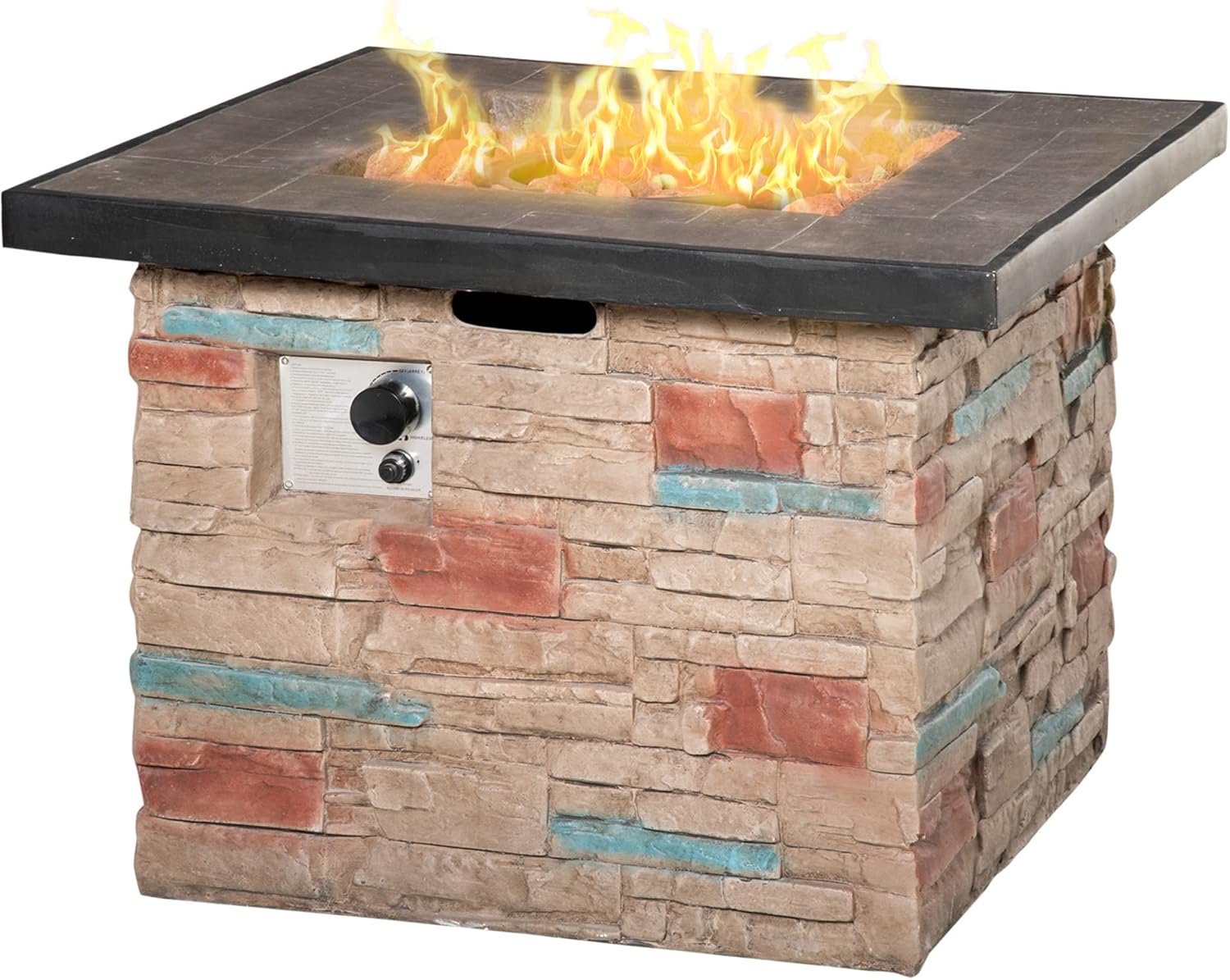 32 Inch Outdoor Propane Gas Fire Pit Table 50,000 BTU Auto-Ignition Square Faux Ledge Stone Outdoor Fire Pit with Lava Rocks and Rain Cover