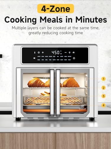Kitchen Elite®Air Fryer French Door Oven,26.4 Qt Easy Cleanup & Use Large Countertop Toaster Oven Combo,18 Presets & 1 Preheat & 1 Light,Multi-Layer Cooking,4 Accessories,Stainless Steel