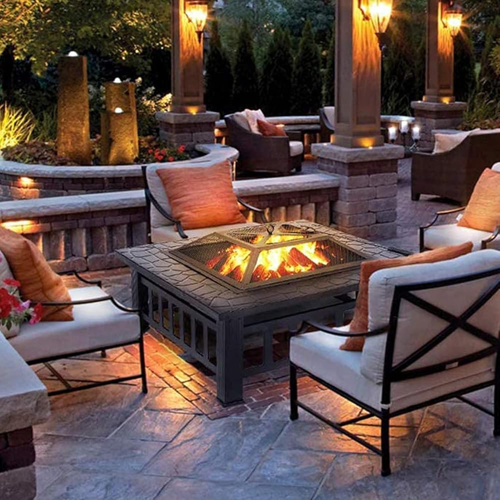 Outdoor Fire Pits BBQ, Backyard Firepit Table, Patio Garden Stove Wood Burning Fireplace, Spark Screen Cover, Poker, Rain Cover