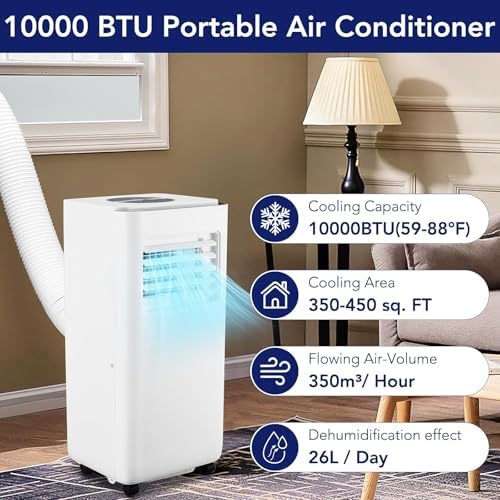 10,000 BTU Portable Air Conditioner with Remote, 3-in-1 Floor Standing AC Unit w/Dehumidifier, Fan, Cools Rooms Up to 450 Sq.Ft, Sleep Mode, 24H Timer, Auto Swing, Easy Installation