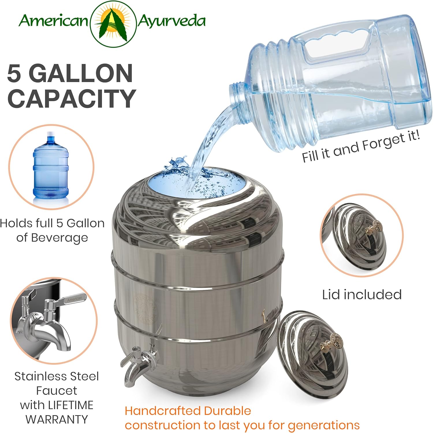 5 Gallon Counter Top Stainless Steel Beverage Dispenser with Faucet Spigot, handle and Lid to Dispense Chilled Water, Beverages, Tea, Soda, Juice