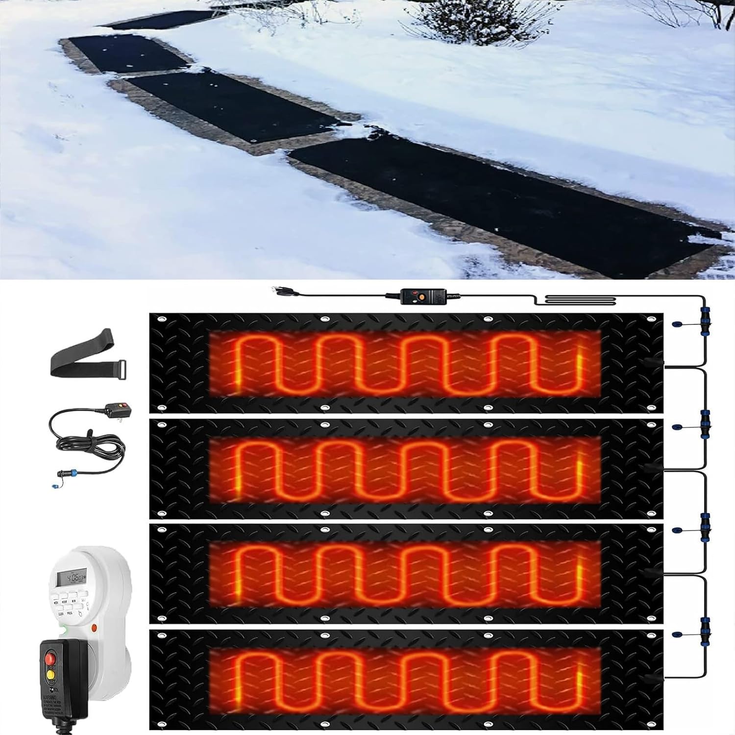 Heated Snow Melting Mats with Timer, 1/2/3/4/5 Pcs Outdoor Slip Proof Ice Heated Rubber Mat for Driveway Walkway Decks and Sidewalks Connection with 9.84 ft Power C(4 Pcs-12x24in/(30x60cm))