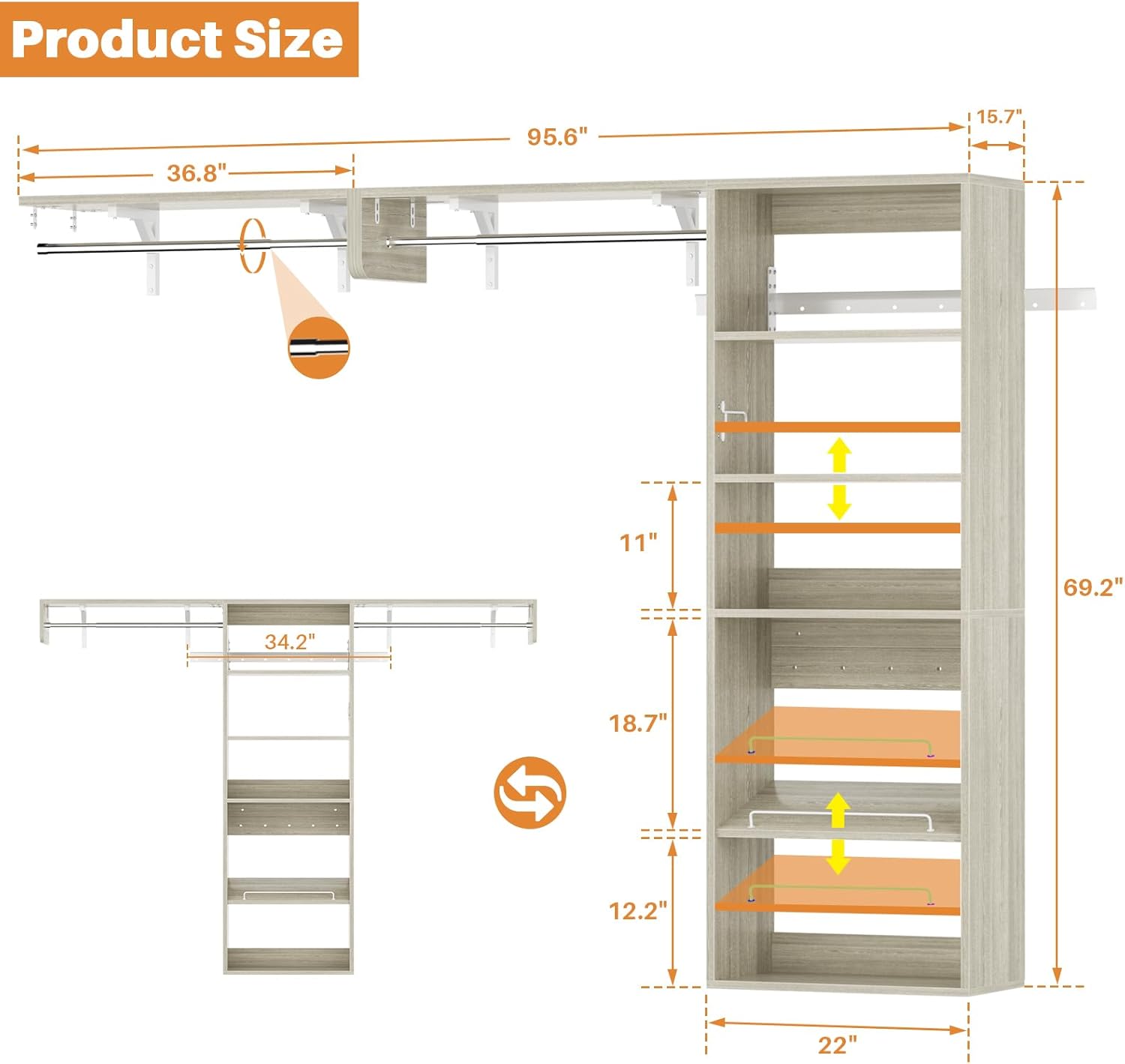 Unikito Over Washer and Dryer Storage Shelf, 8FT Wall Mounted Laundry Room Organizer, Space Saver Clothes Drying Rack with Hanger Rod, Heavy-Duty Closet System with Adjustable Shelves, White Oak