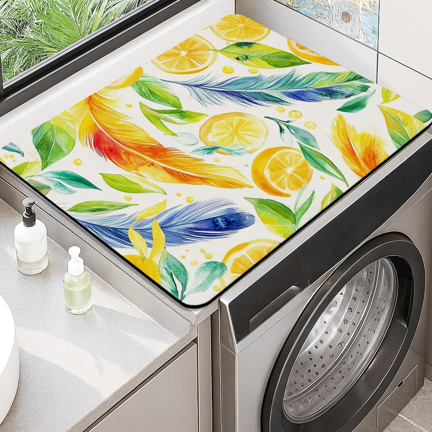 Lemon Feather Washer Dryer Top Protector Mat, Vibrant Tropical Watercolor Laundry Machine Covers, Summer Floral Rubber Anti-slip Waterproof Mats for Laundry Room 20x24 Inch