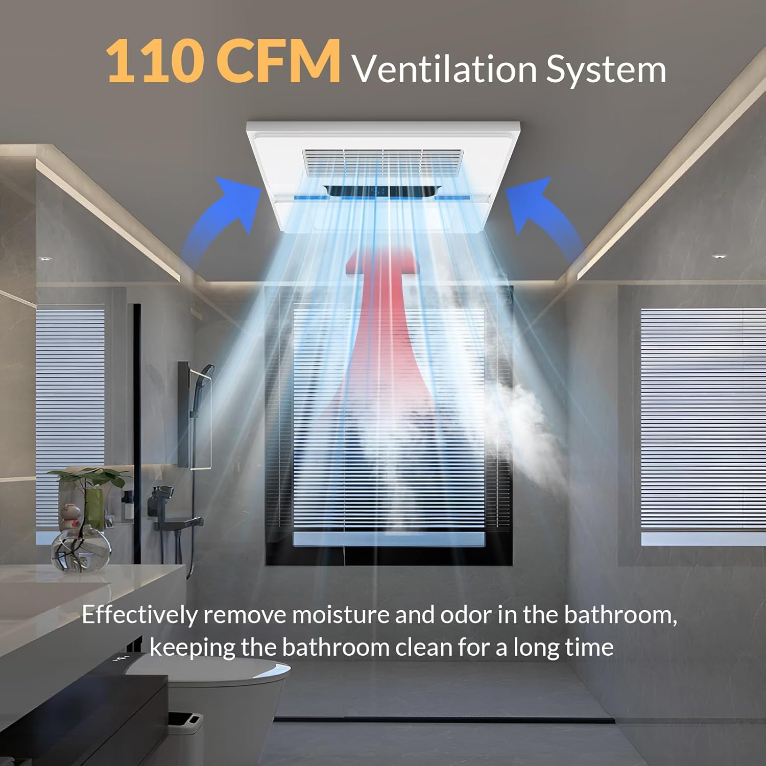 1800W Bathroom Exhaust Fan with Light and Heater, 110 CFM 4-in-1 Ceiling Vent Fan, 1.0 Sone Quiet Operation, 11.2” x 11.2” Ceiling Cutout, 13.8” Grille, 6500K LED Light, Metal Housing