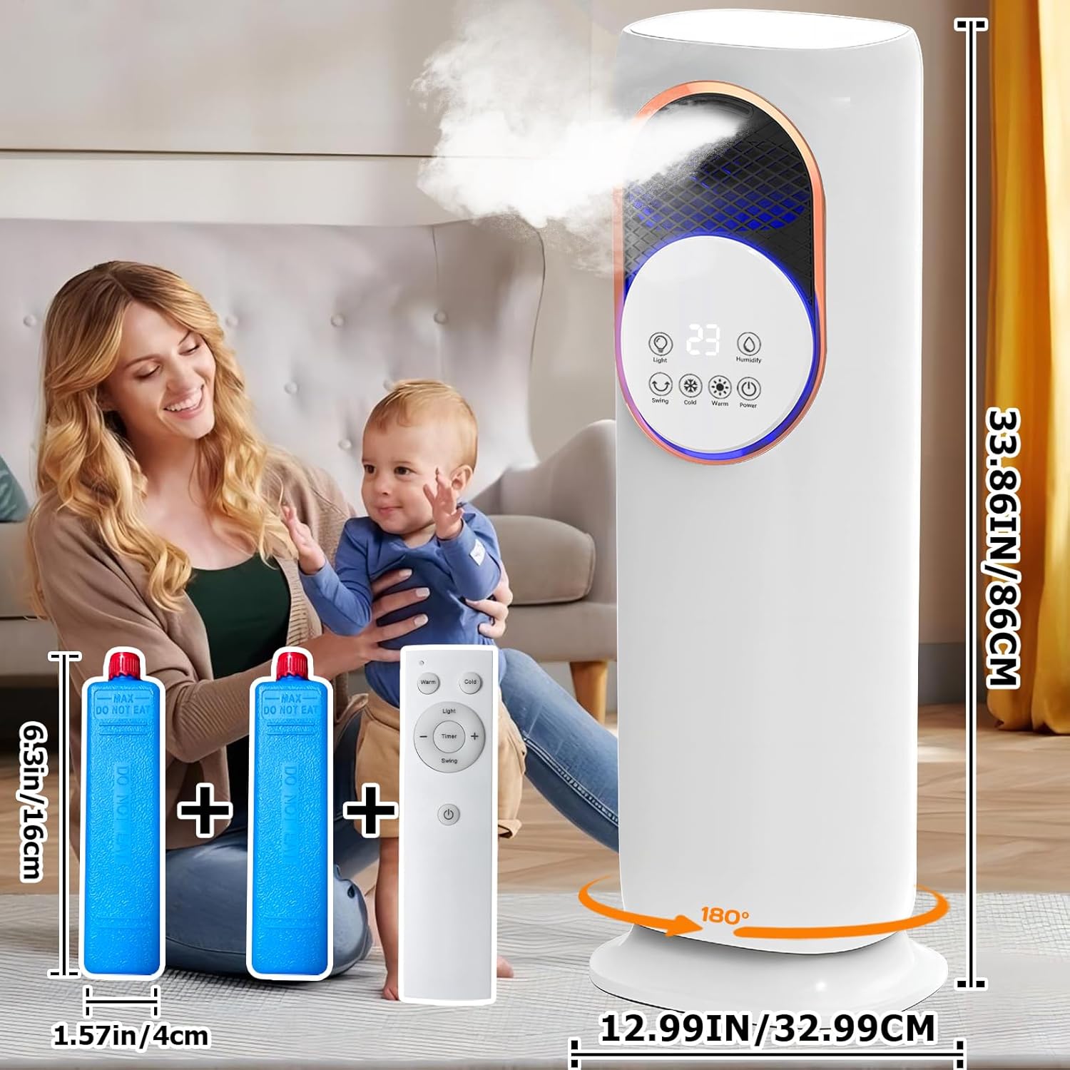 Tower Fan and Heater Combo with Humidification, 32inch Bladeless Fan and Heater with Remote Control, Touch, 180° Oscillating, 2 Speed Heating, 3 Speed Cooling, 9H Timer Tip-over & Overheat Protection