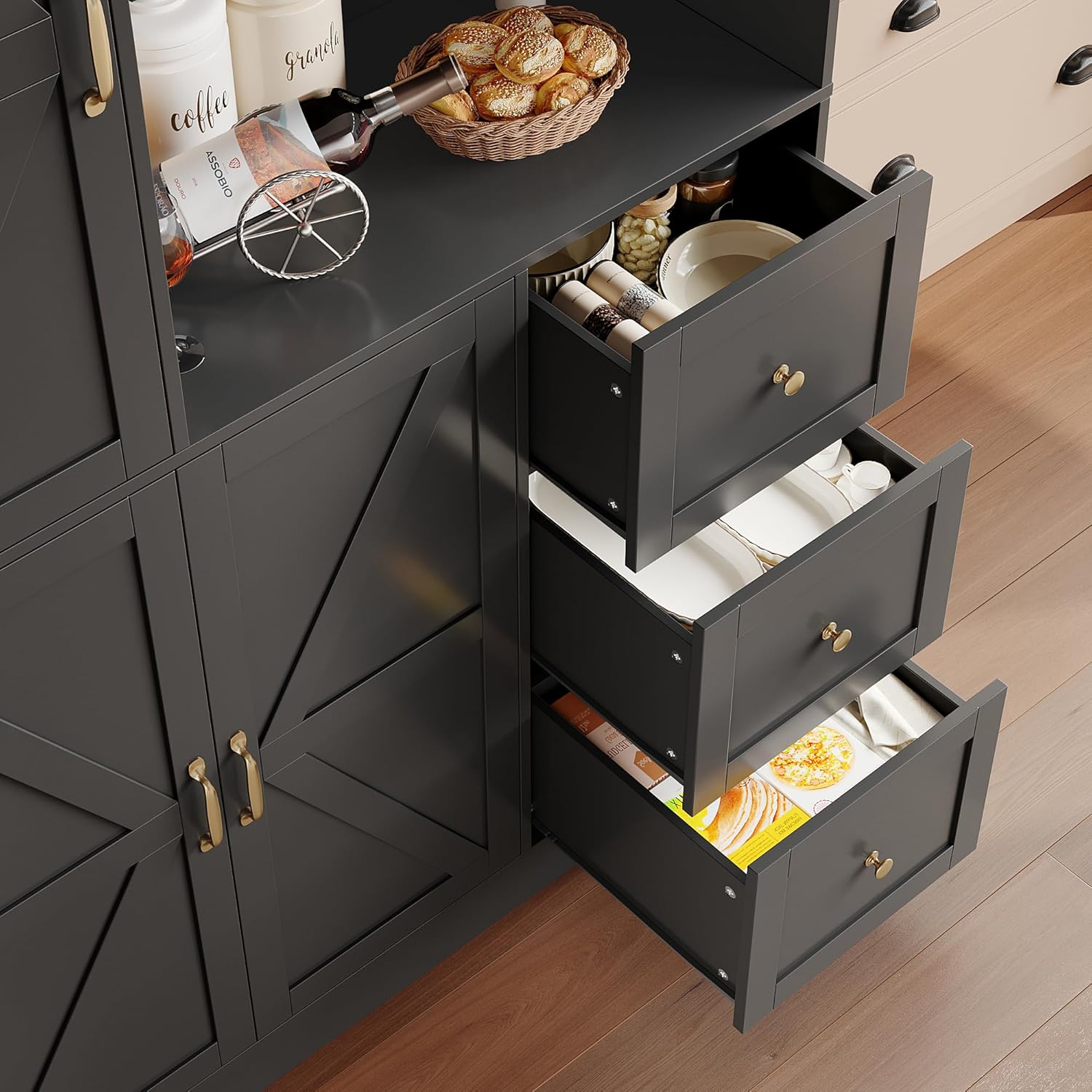 FINETONES Farmhouse Pantry Cabinet, Kitchen Pantry Storage Cabinet with Microwave Stand, Ktichen Hutch Food Pantry Cabinet with Open Countertop and Adjustable Shelf for Kitchen Dining Room, Black