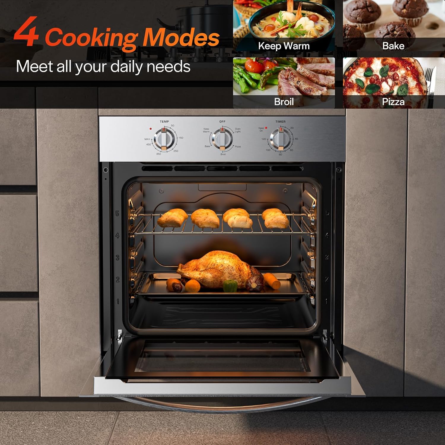 Empava Built-In Electric Single Wall Oven 24 inch, 2.5 Cu. ft. Capacity 4 Cooking Modes, Knob Control, 2950 Watts, Stainless Steel