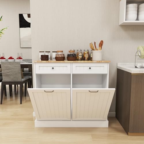 Ball & Cast Double Tilt Out Trash Cabinet, Multifunctional White Hidden Garbage Can Cabinet, Wooden Trash Can for Kitchen, Bathroom and Living Room