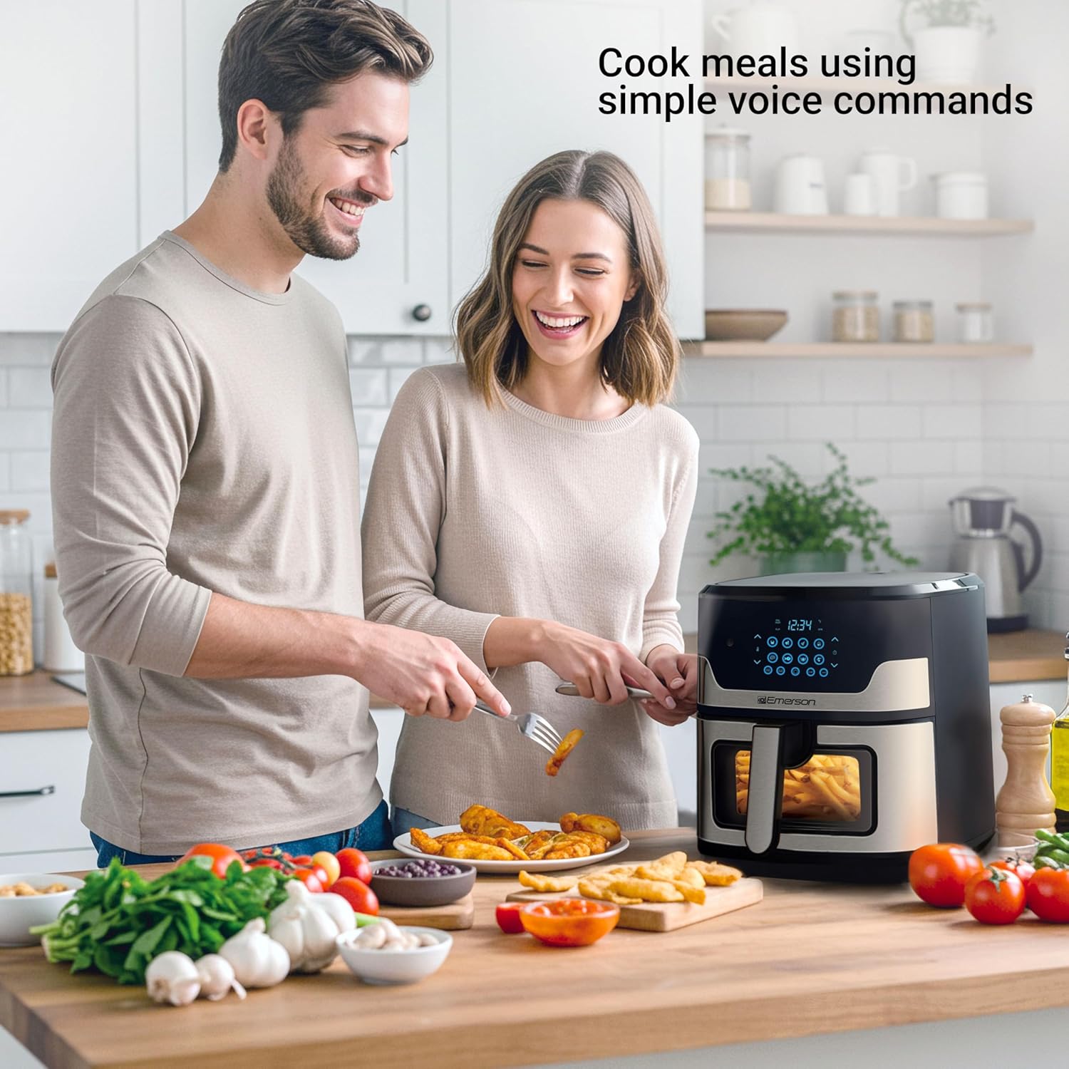 Emerson SmartVoice 5.3QT 6-in-1 Air Fryer, 1000+ Voice Control Commands, 100+ Recognized Food, No APP, No WIFI, No Setup, Nonstick Basket, Air Fry, Bake, Reheat, Dehydrate, 1500W