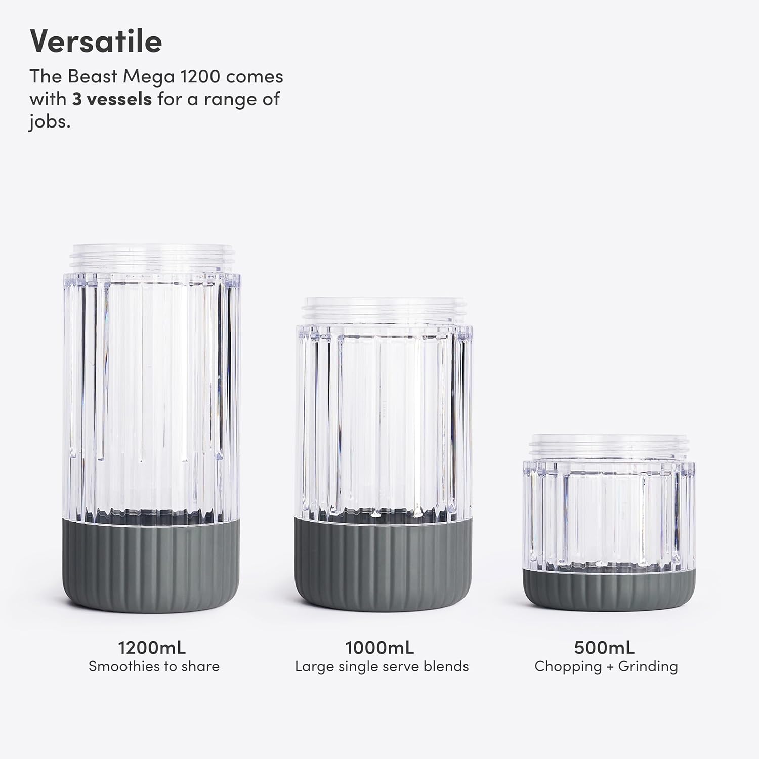 Beast Mega 1200 Plus | Premium Countertop Blender | Smoothies, Shakes, Sauces, Dips, Soups | Blends Ice and Frozen Fruit | XL Vessel | With Extra Vessels, Straw System | (Charcoal, 120V)