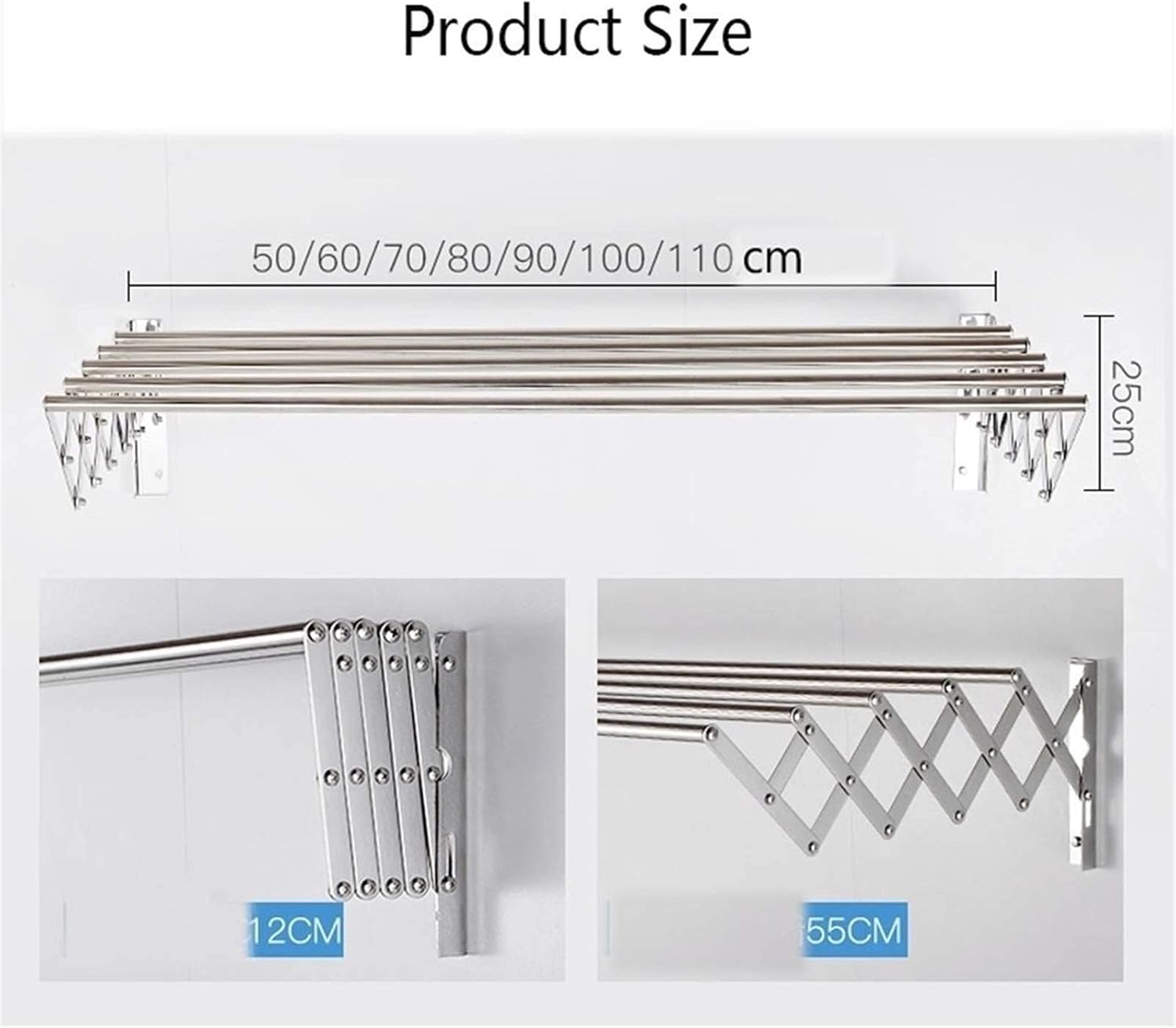 Clothes Drying Rack Laundry Drying Rack Airer -Wall Mounted - Retractable - Clothes Drying Rack Horse Collapsible Folding Clothes Hanger 5 Rail Towel Bar Dryer Fashionabl,40cm