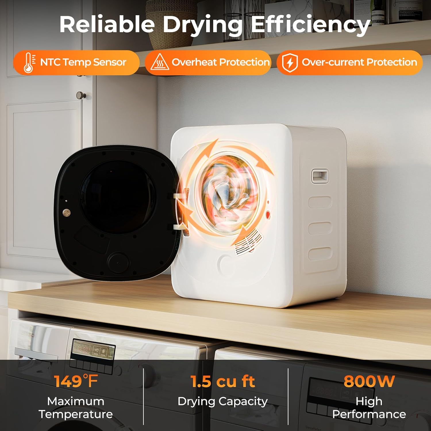 COSTWAY Portable Clothes Dryer, 1.5 cu.ft Compact Drying Machine with Stainless Steel Tub, 800W Electric Laundry Dryer with 5 Modes, Small Vented Tumble Dryer for Apartment, Home, Dorm & RV, White