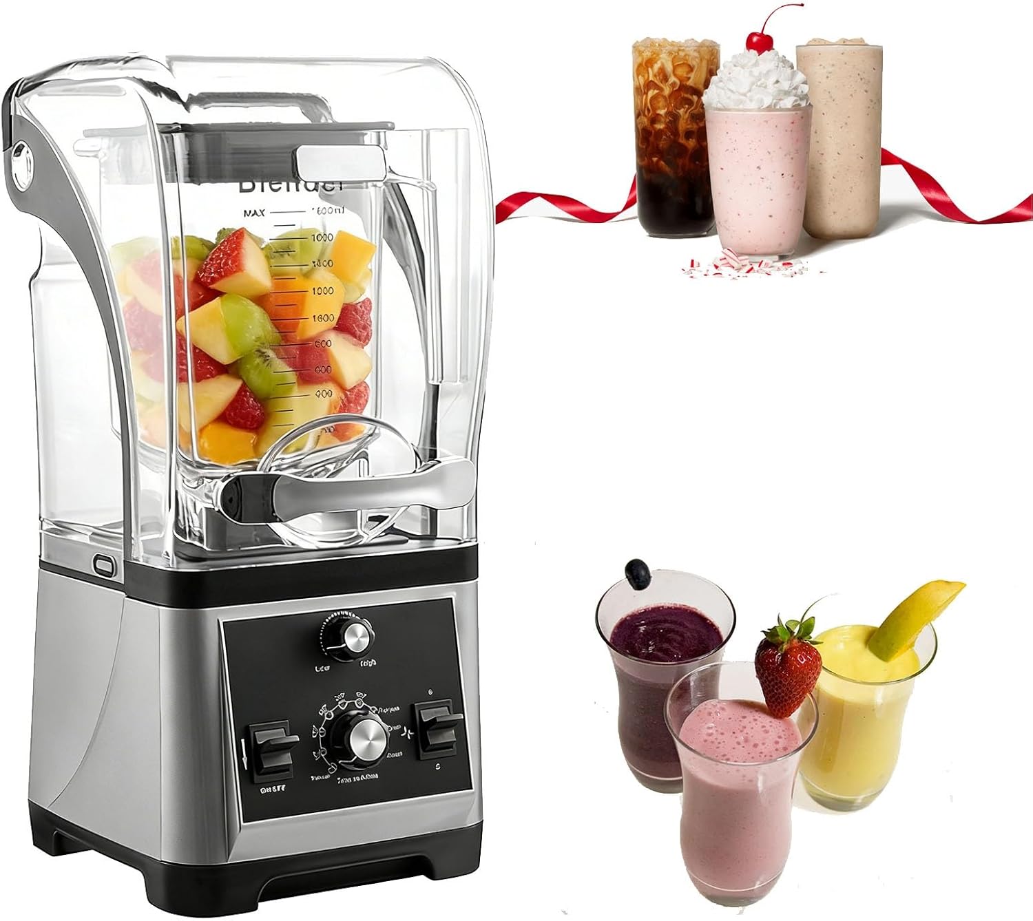 Noise-Reducing Blender with a Soundproof Cover, Silent Countertop Juicer/Blender, 3-Second Quick Ice Crushing for Puree, Milkshake, Juice, Drink and Ice with Silent Cover(Gray)