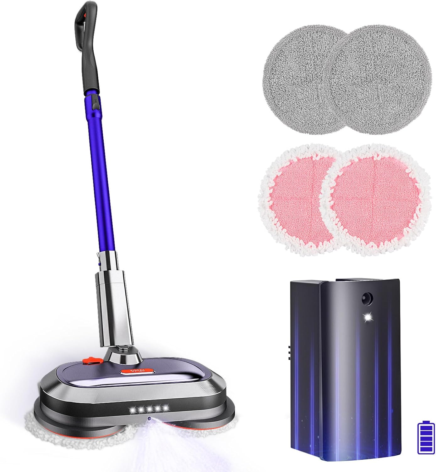 VMAI Electric Mop with Detachable Battery & 300ml Water Tank, Spin Mop with LED Headlight and Sprayer, for Hardwood, Tile, Laminate Floor,
