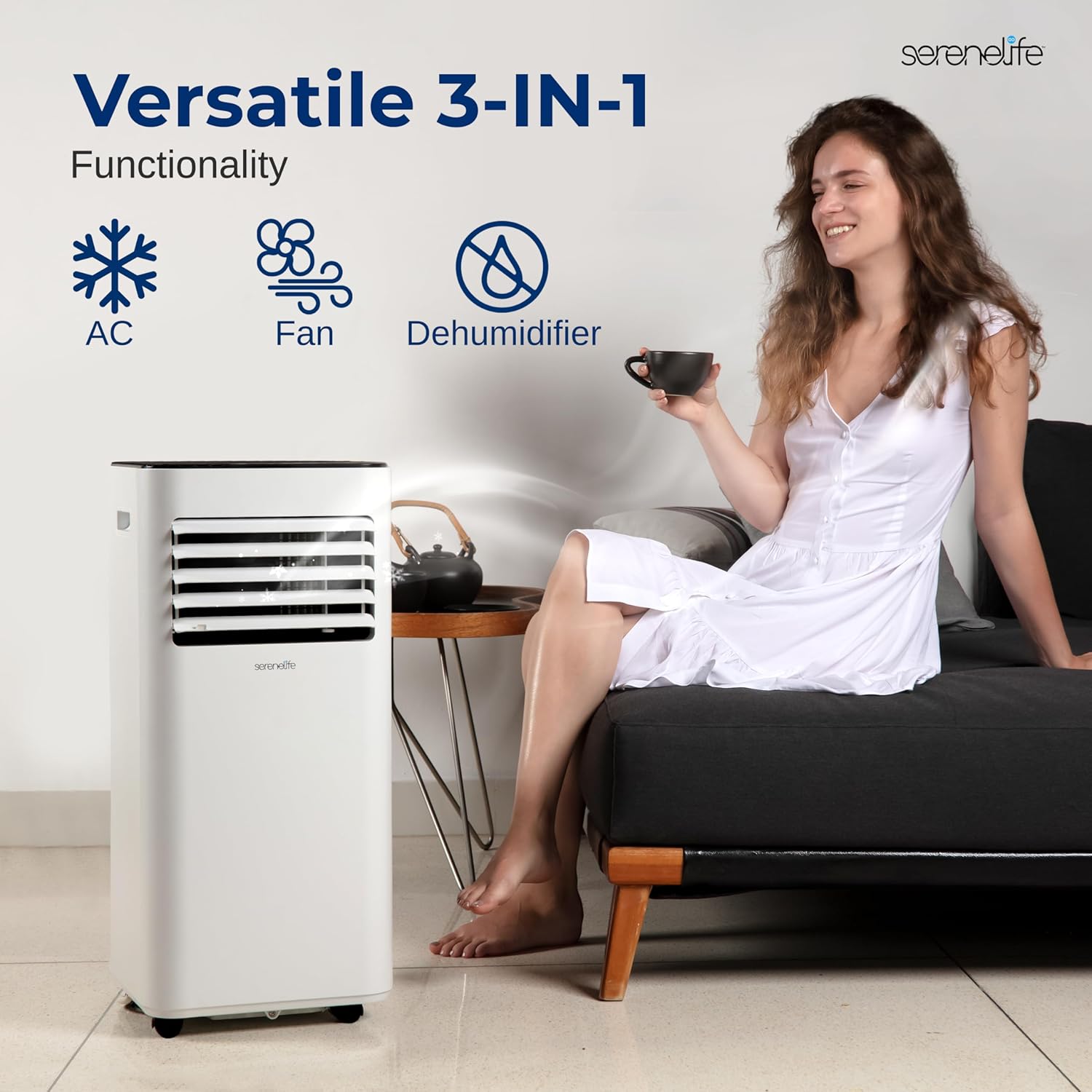 SereneLife 10000 BTU Portable Air Conditioner - Free-Standing A/C Unit w/Cooling, Dehumidifier & Fan, Energy Efficient, 320 Sq. Ft. Coverage, Includes Window Mount Kit & Wheels, 11x11x27 IN (White)