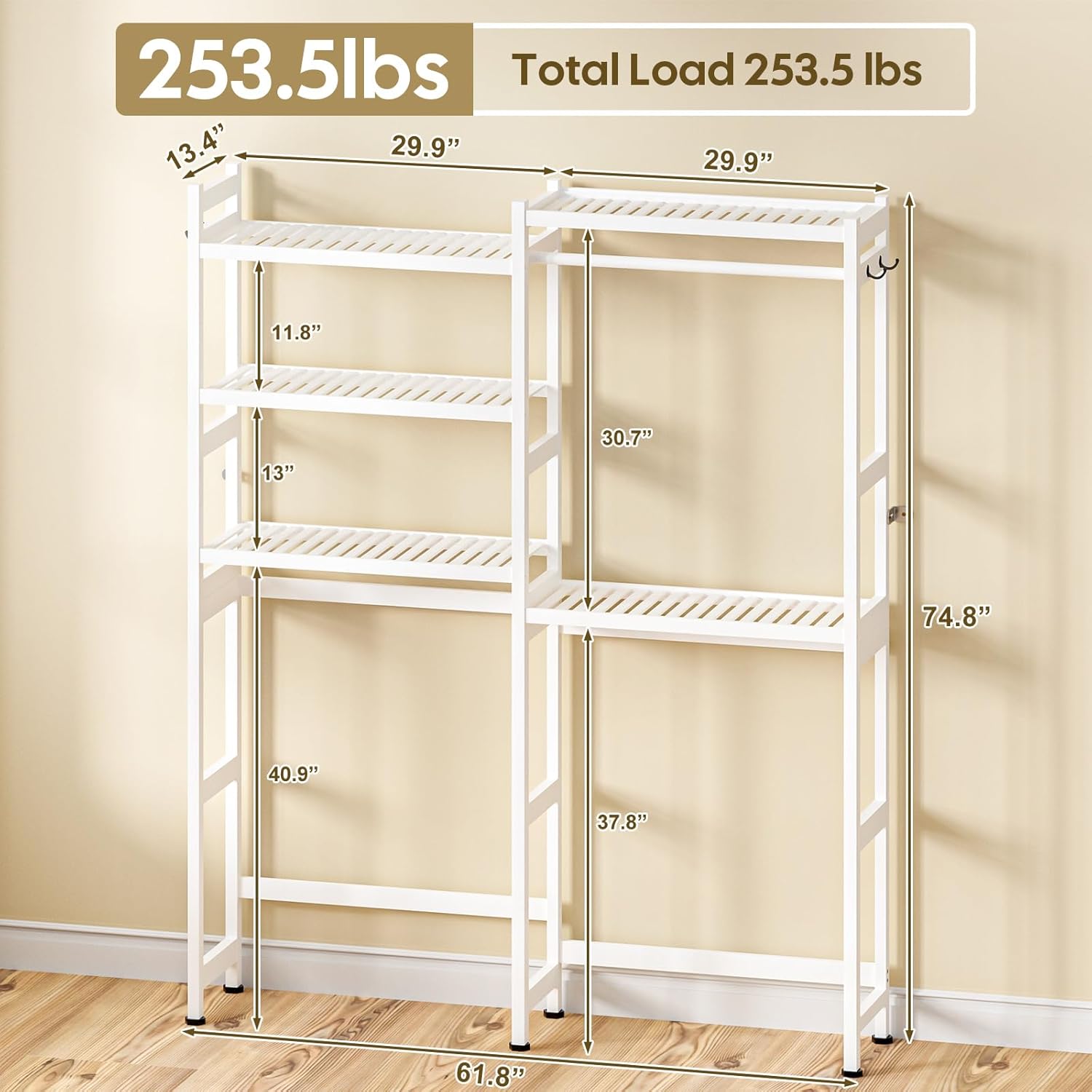 Over The Washer and Dryer Storage Shelf Bamboo,5 Tiers Laundry Room Drying Rack with Adjustable Shelves and 4 Hooks,Space Saver Organizer for Hanging Clothes and Towels (White)