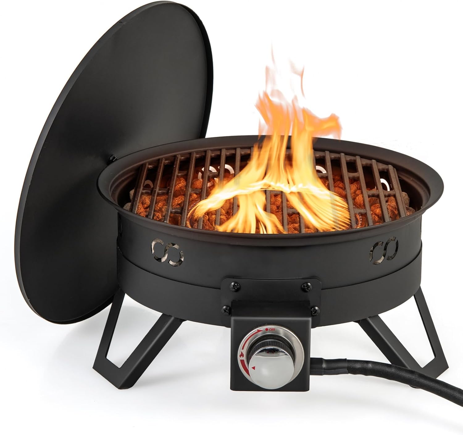 Tangkula 17 Inch Tabletop Propane Fire Pit, 58,000 BTU Gas Firepit with Folding Legs & Removable Grill, Carrying Bag, Lava Rocks & Tank Seat Included, Portable Fire Bowl for Backyard, Camping