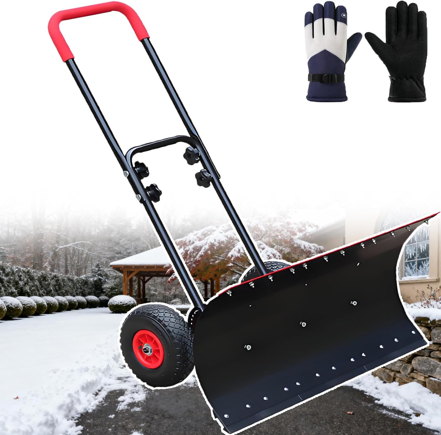 2-in-1 Snow & Ice Removal Shovel - Outdoor Snowplow with Wheels - Double-Handle Snow Pusher, 42cm Clearing Width, Adjustable Up and Down, Left and Right, and Anti-Slip Tires
