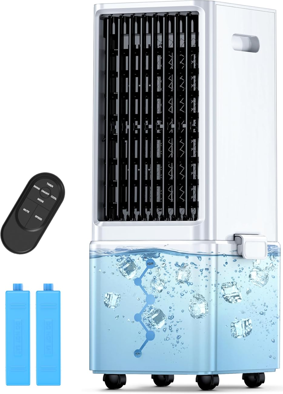 Evaporative Air Cooler w/ 4 Modes & 3 Speeds, Waterless Alert, 2.4-Gal Tank for 20H Cooling, 12H Timer, 20FT Remote, 70° Auto Swing Windowless Air Conditioner, Portable AC Unit for Bedroom
