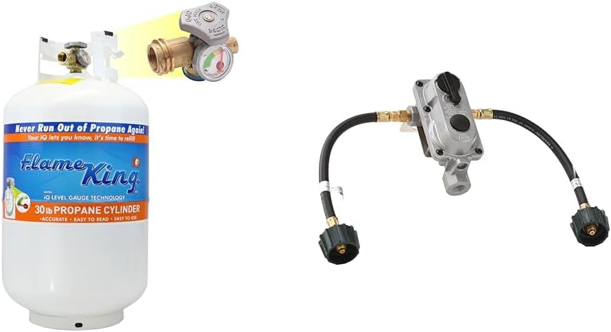 Flame King YSN330 30lb Steel Propane Tank Cylinder with Gauge and OPD Valve for Grills and BBQs & (KT12ACR6a) 2-Stage Auto Changeover LP Propane Gas Regulator with Two 12 Inch Pigtails for RVs