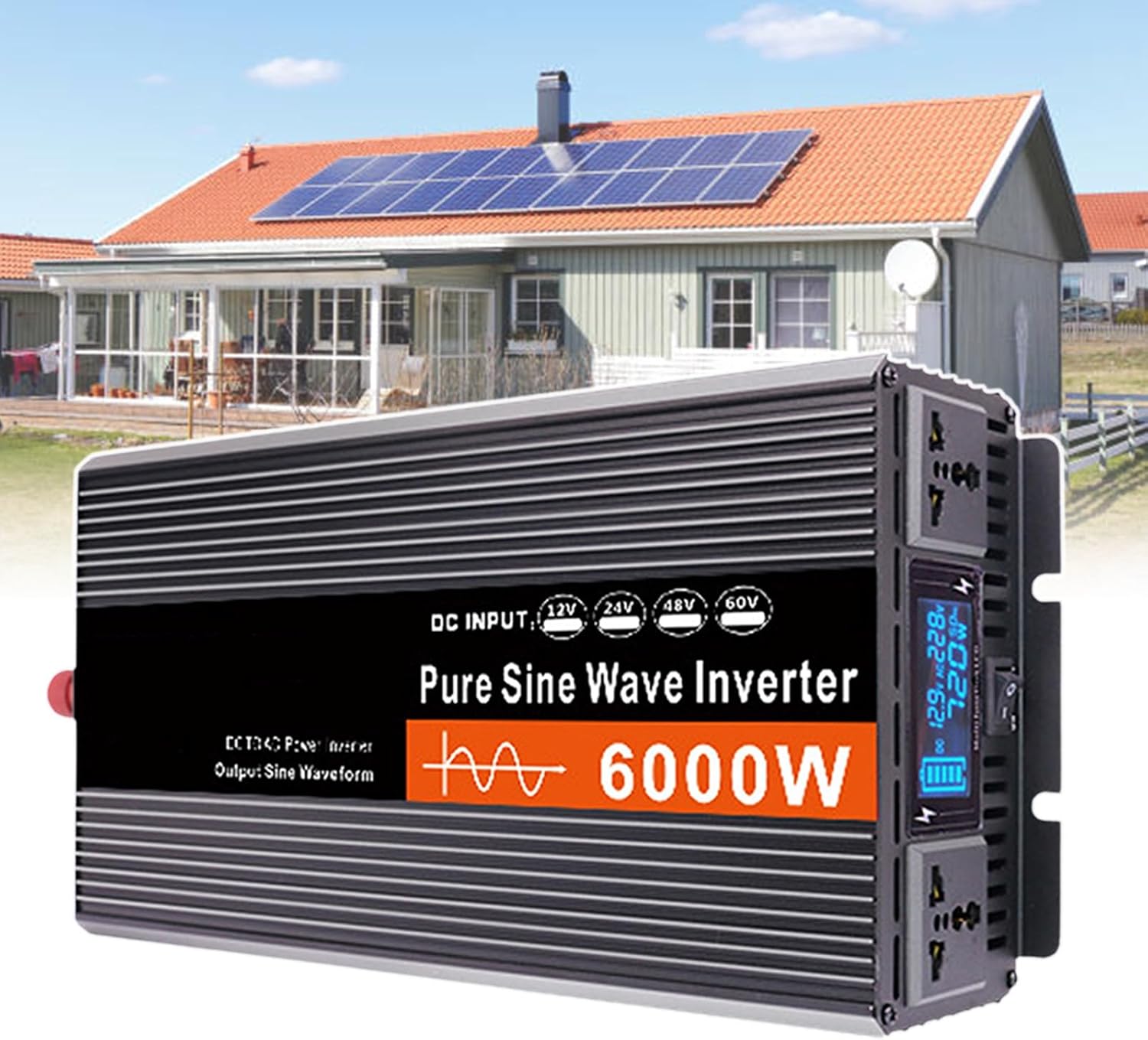 Power Inverter, Pure Sine Wave Inverter, Aluminum Alloy Material, DC to AC Car Inverter, for Solar, Washing Machine, Microwave Oven, Polisher, with Digital Display,6000W