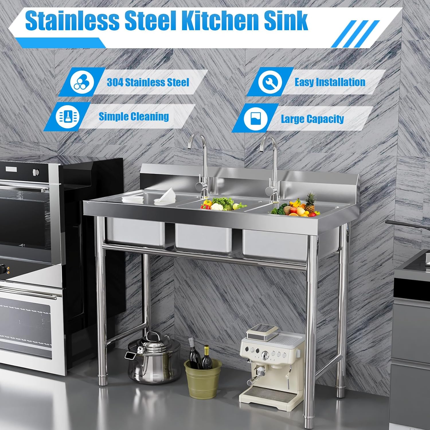 Utility Sink 304 Tainless Steel Table with Sink Outdoor Sink Station 3 Compartment Sink Commercial Kitchen Appliances Laundry Room, Workshop and RV(39 * 18 * 35.8 IN)