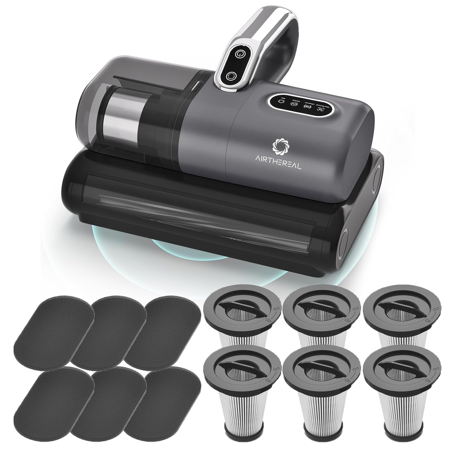 AIRTHEREAL Bundle | M1 Mattress Vacuum Cleaner with 4-Spare Filters, Bed Vacuum with High-Frequency Vibration - 80,000 RPM Dual Brushroll Rotation, UV-C Light, Dust Sensor