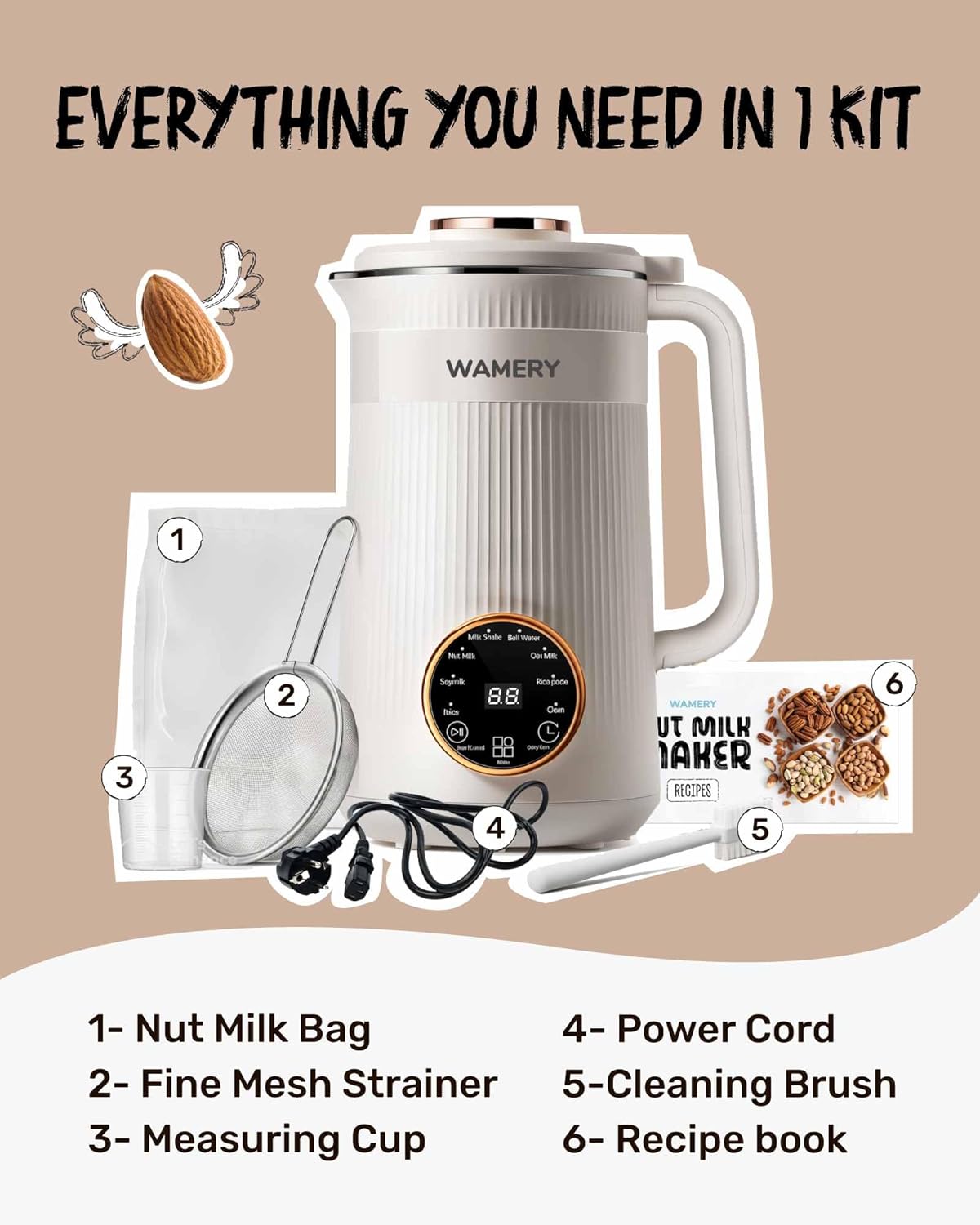 Wamery 32oz Nut Milk Maker Machine - Plant‑Based Milk Maker for Almond, Oat & Soy, Automatic Heated Programs, Self‑Cleaning, Delay Start, Keep Warm & Boil Water, 1‑Liter Capacity with Starter Kit