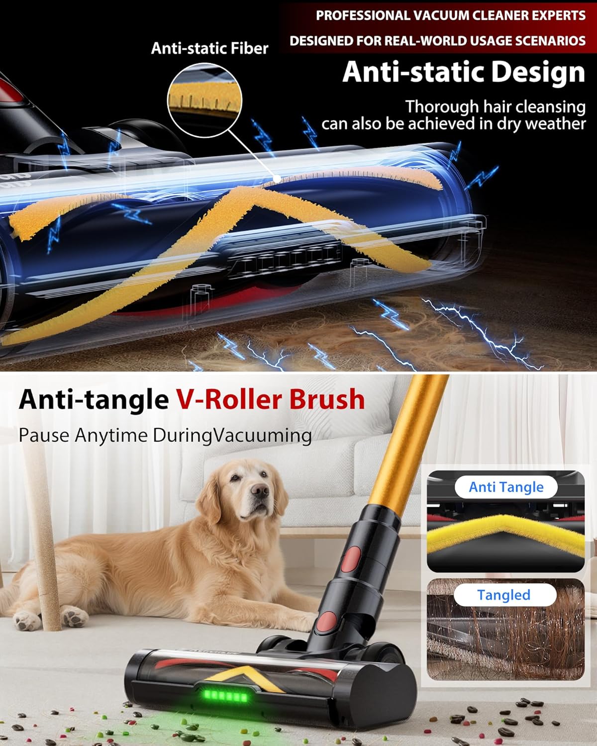 Cordless Vacuum Cleaner, 75Mins/48KPa/600W Self-Standing Stick Vacuum Cleaners for Home, Rechargeable, Lightweight, Anti-Static&Anti-Tangle Brush, for Hard Floor, Carpet, Hardwoods, Pet Hair