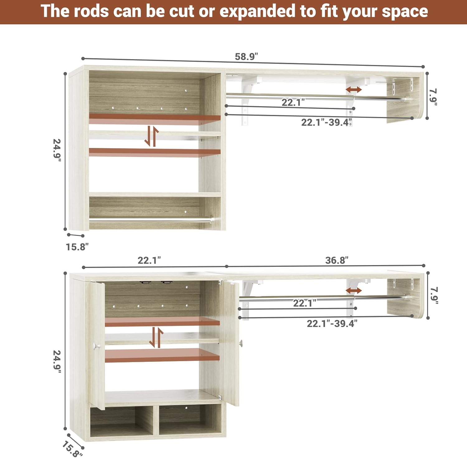 Unikito Over Washer and Dryer Storage Shelves and Organizer, Wall Mounted Laundry Room Shelf with 3 Hanger Rods, Laundry Room System, Space Saver Clothes Drying Rack, 118