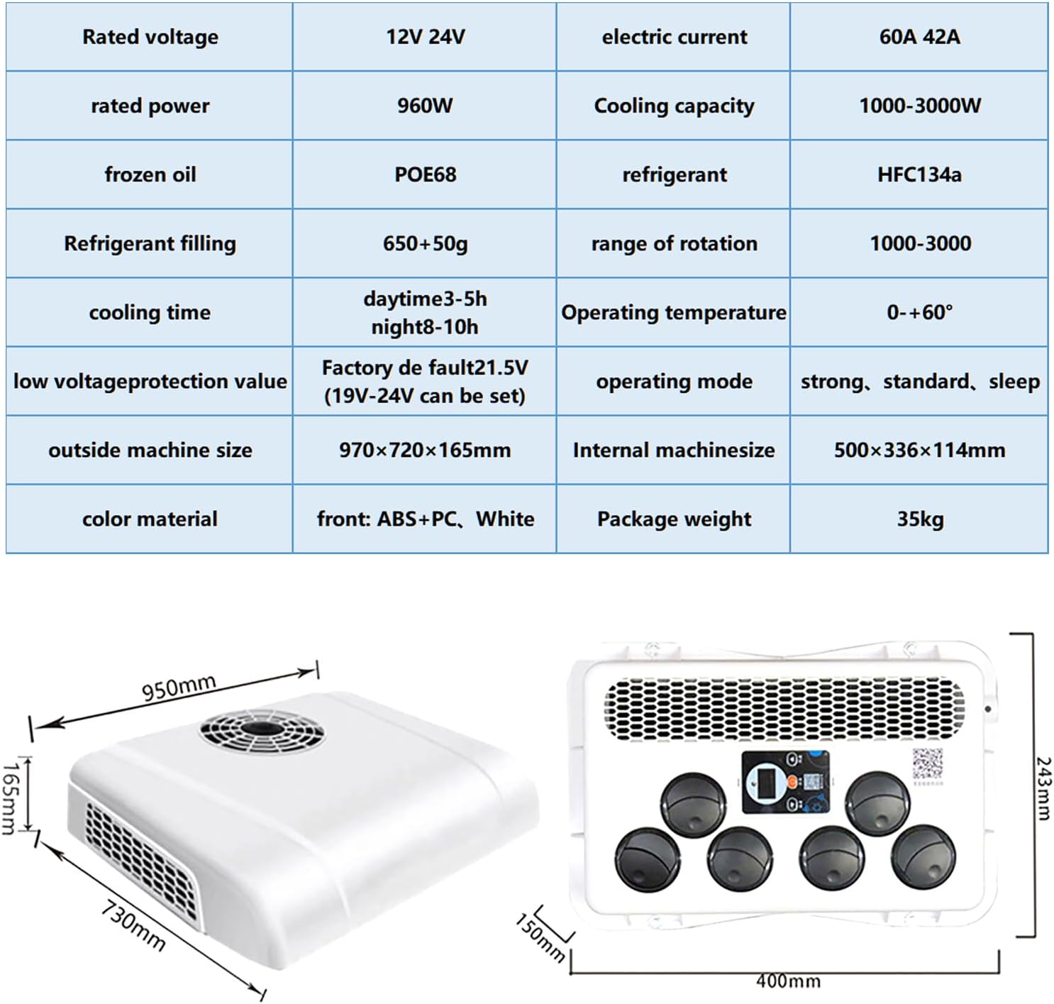 RV Air Conditioner 12V/24V Dc Universal Electric Truck Rv Rooftop Air Conditioner, 8 Hour Running Non-Ducted, Quiet Ac - Heat and Cool, Rv Ac Unit, Camper Air Conditioner for Rv Bus Truck Ve