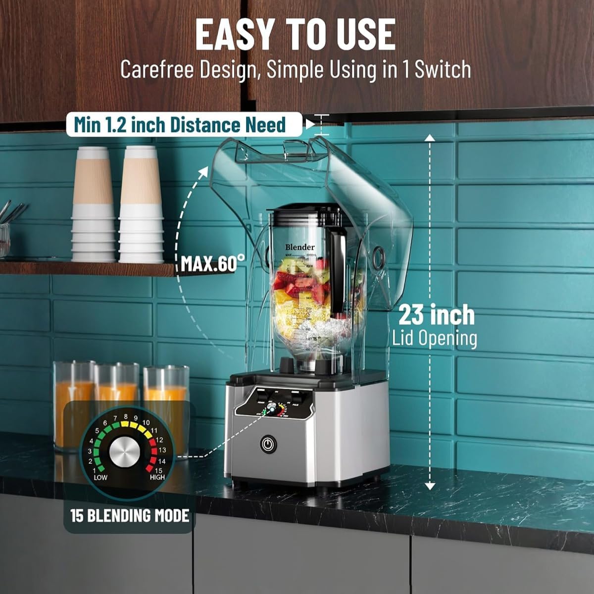 Commercial Professional Blender With Shield Quiet Sound Enclosure 2200W Industries Strong and Quiet Professional-Grade Power, Self-Cleaning, Silver
