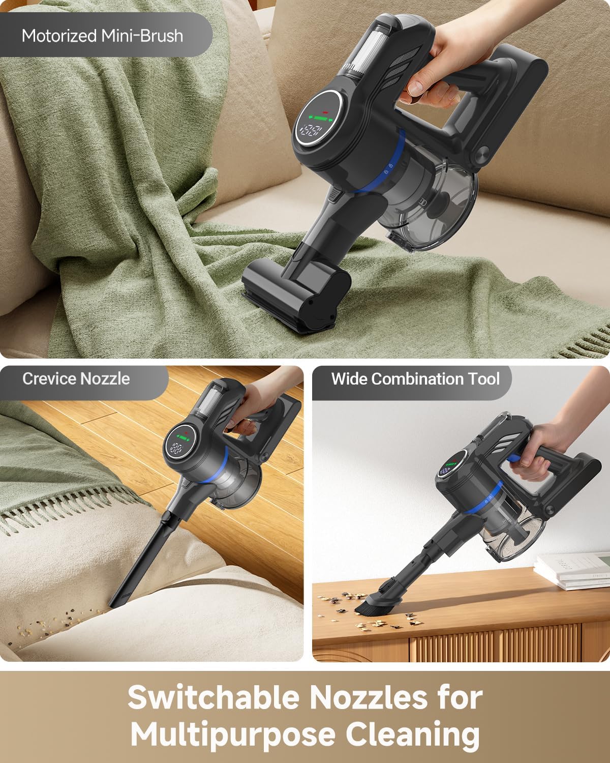 MOVA J30 Cordless Vacuum Cleaner,144AW Powerful Suction, 180° Folding Tube Cleans Corners, 4-in-1 Stick Vacuum, 60Min Runtime, Anti-Tangle Brush with Lights, Deep Clean Pet Hair, Hard Floor, Carpet