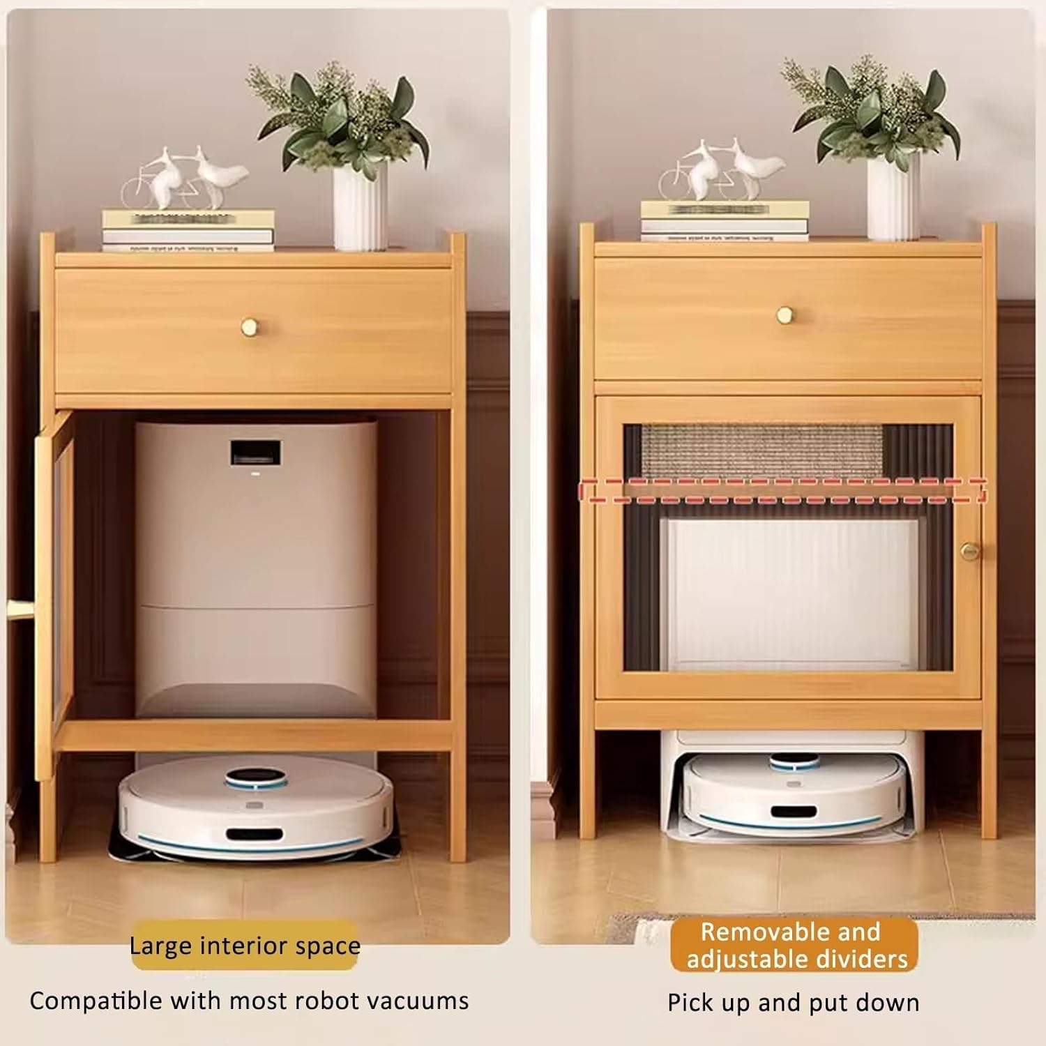 Vacuum Cabinet Storage, Robot Cleaner Storage Rack Furniture to Hide Robot Vacuum for Living Room, Bedroom, Side Table, Easy to Clean(Natural)