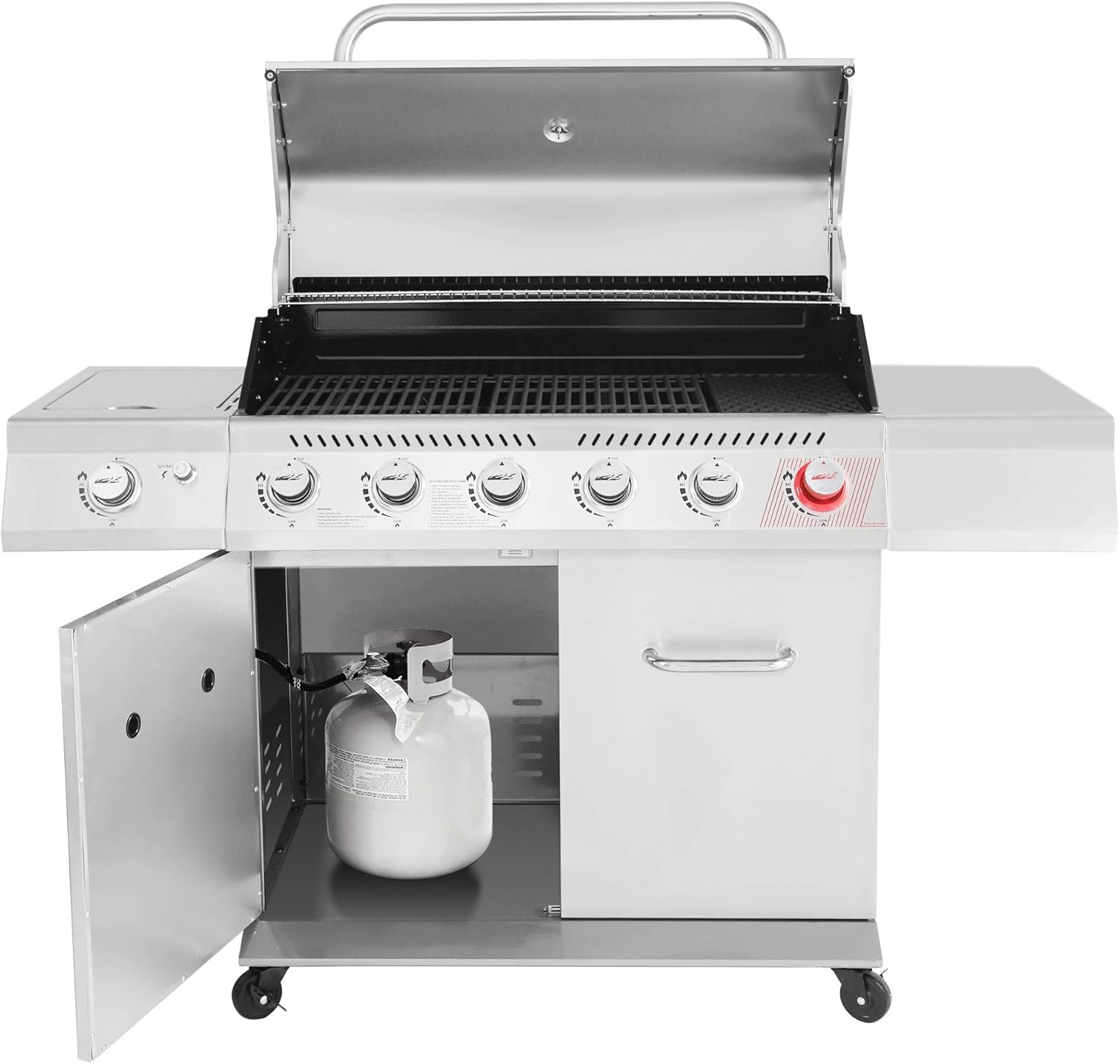 Royal Gourmet GA6402S 6-Burner Propane Gas Grill with Side Burner and Warming Rack, 74,000 BTUs, Cabinet Style Outdoor BBQ Grill for Barbecue Grilling & Backyard Cooking, Silver