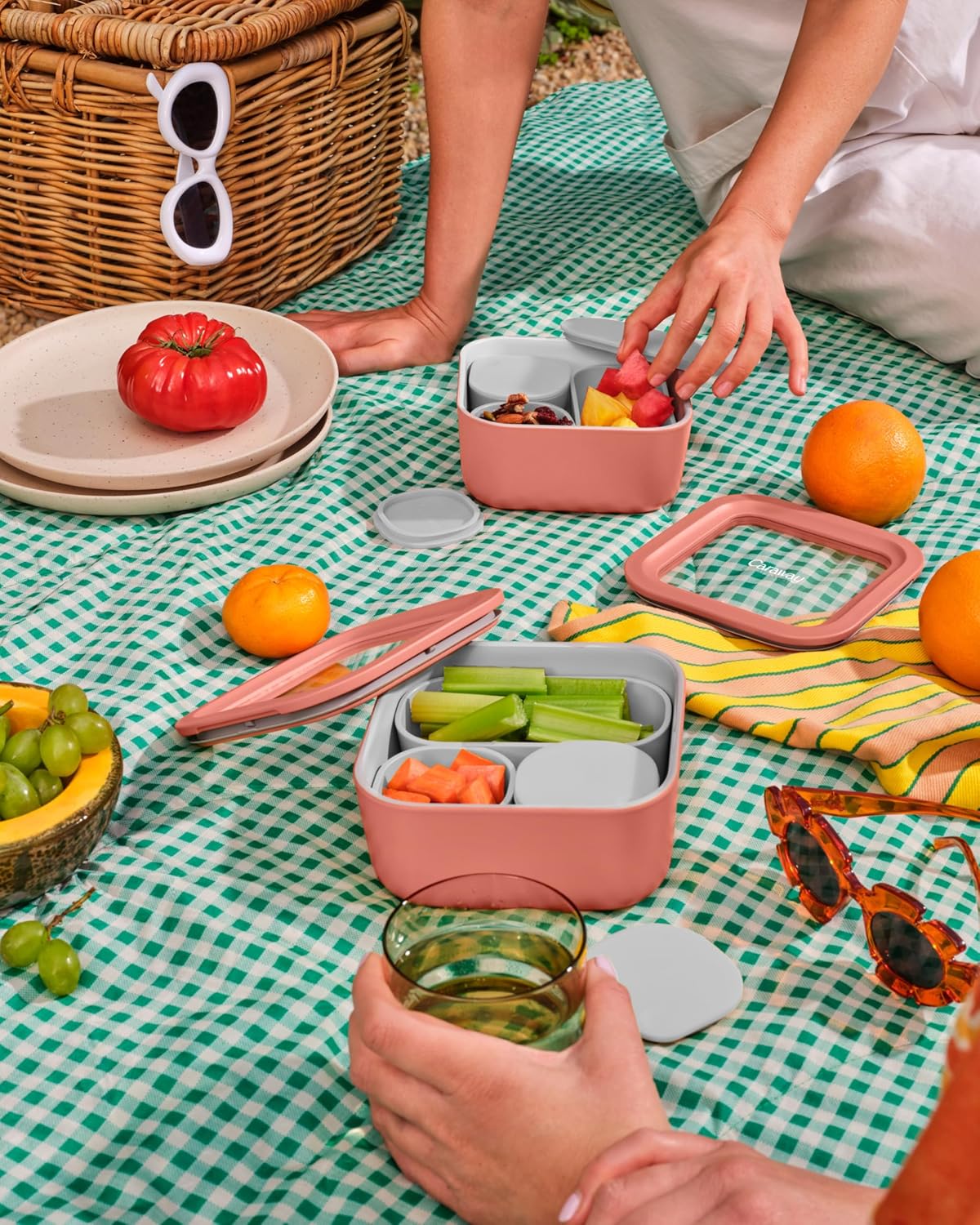 Caraway 2pc Glass Food Storage Set - 4.4 Cup Food Containers (2) - Ceramic Coated - Non Toxic, Non Stick Lunch with Lids - Dishwasher, Oven, & Microwave Safe - Gray