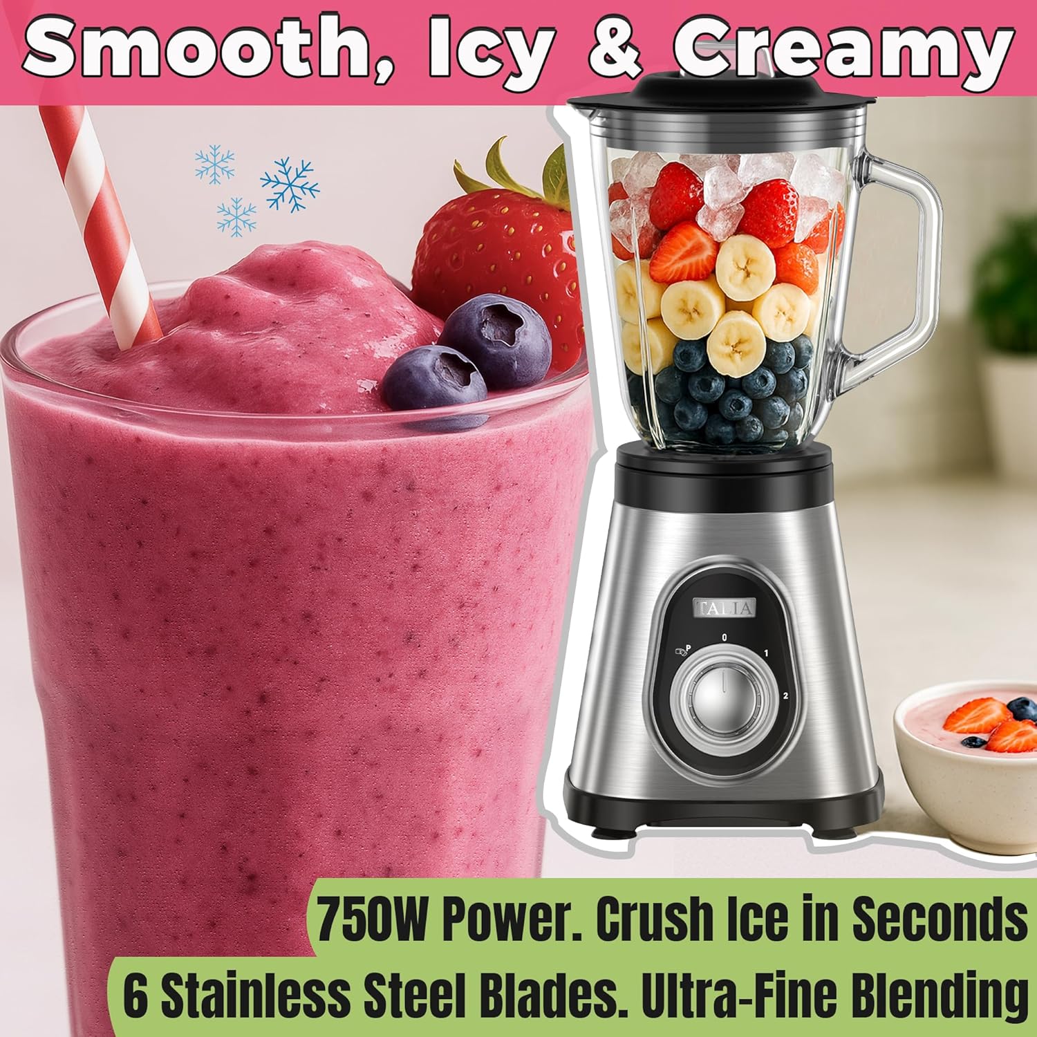 TALIA Smoothie Blender for Ice Crushing & Shakes, 750W Countertop Blenders with 48oz Glass Jar & 6 Stainless Steel Blades, High-Speed Blender for Smoothies Frozen Fruit & Nut Butter
