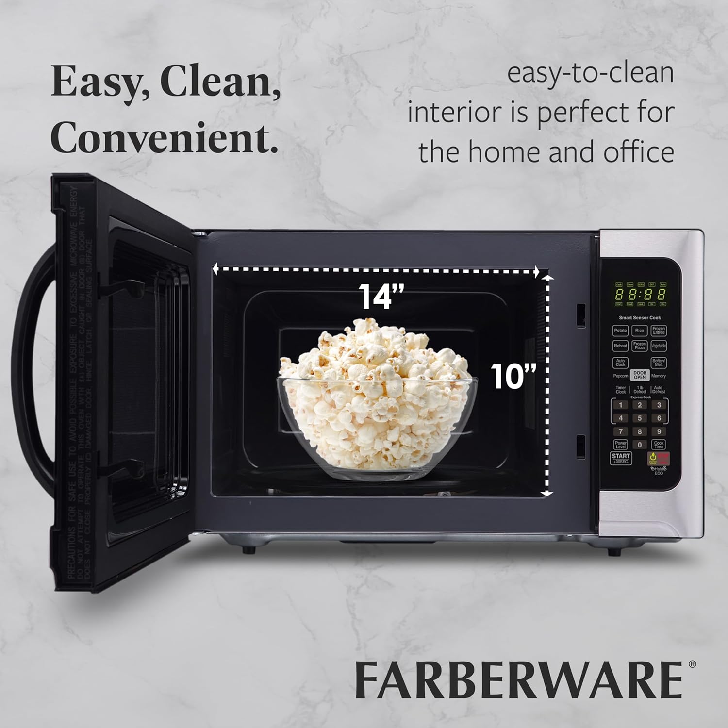 Farberware 1.2 Cu. Ft. Countertop Microwave Oven – 1000 Watts Power, Smart Sensor Auto Cook Settings, Defrost, Easy Clean and Child Safety Lock - Stainless