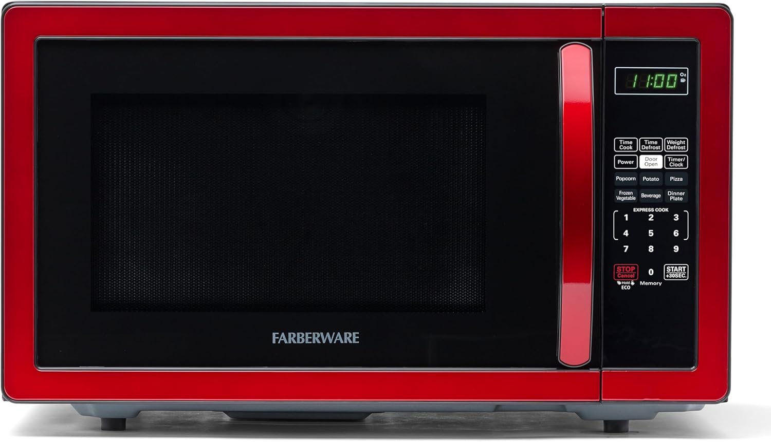 Farberware 1.1 Cu. Ft. Countertop Microwave Oven – 1000 Watts Power, Auto Cook Settings, Defrost, Easy Clean and Child Safety Lock - Metallic Red