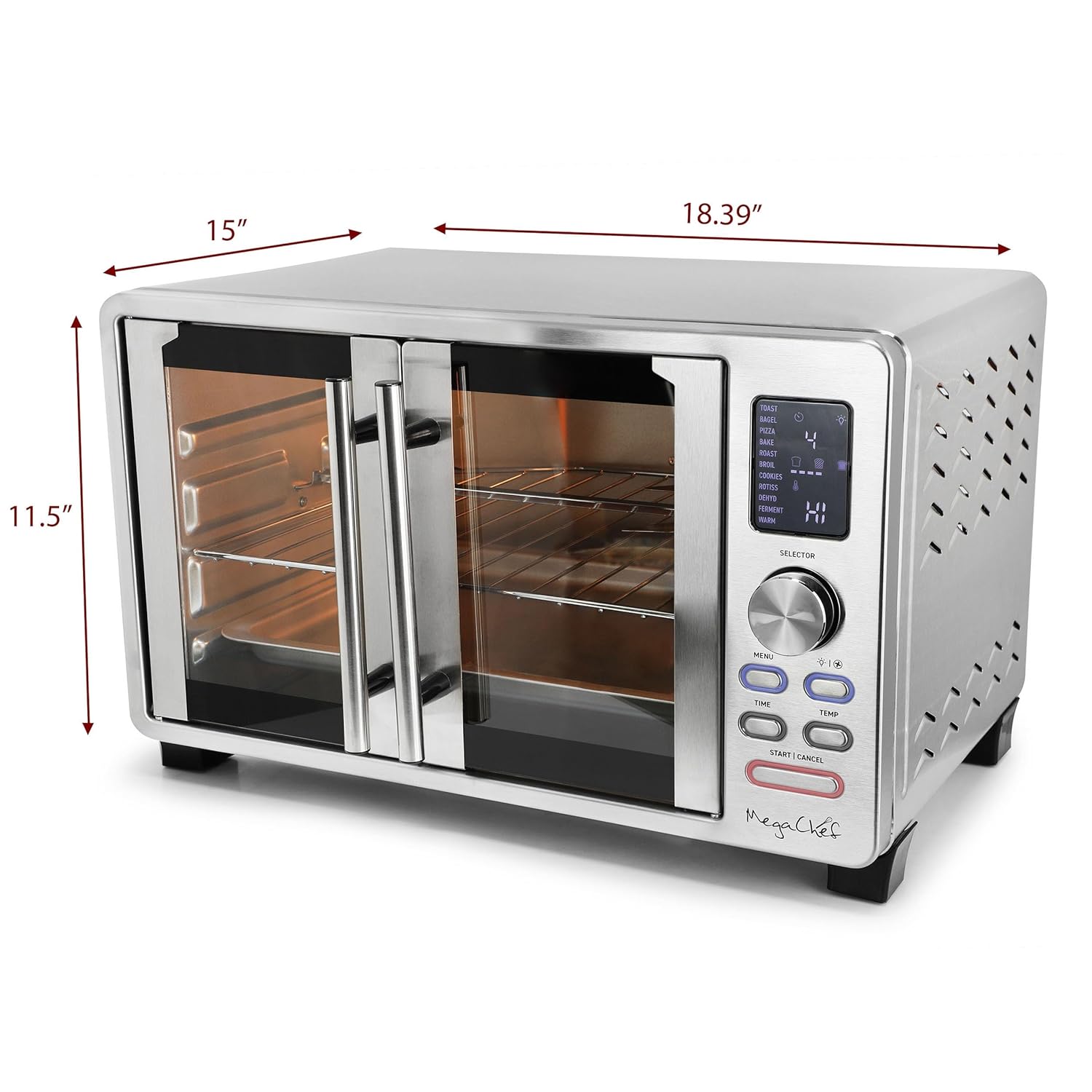 MegaChef 25 Liter Digital Electric French Door Multi-Function Counter Top Oven with Rotisserie Set & Toast, Bagel, Pizza, Bake, Roast, Broil, Cookies, Rotisserie, Dehydrate, Ferment, Warm Functions